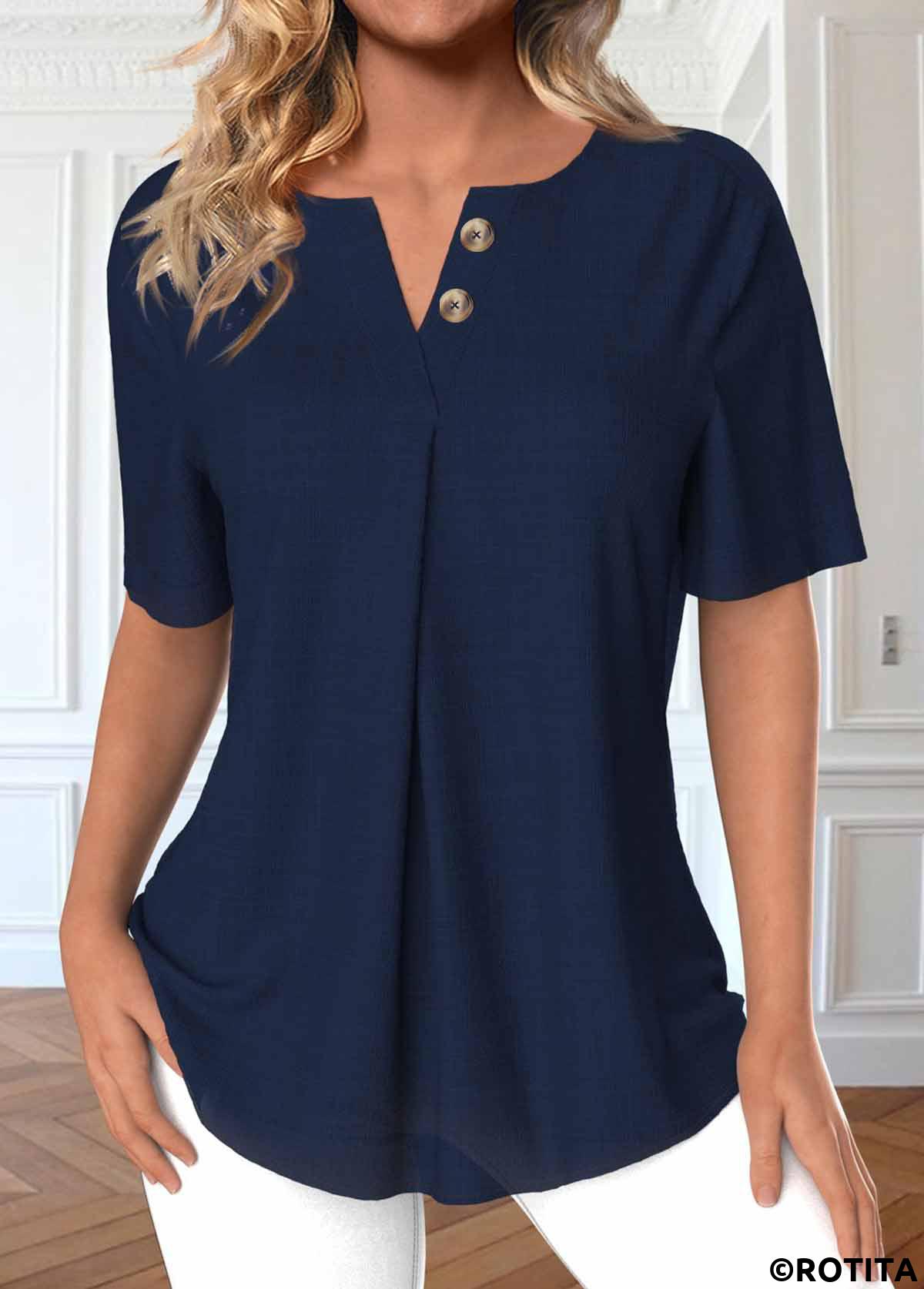 Navy tops,Plain Color tops,ROTITA Button Navy Split Neck Short Sleeve Blouse