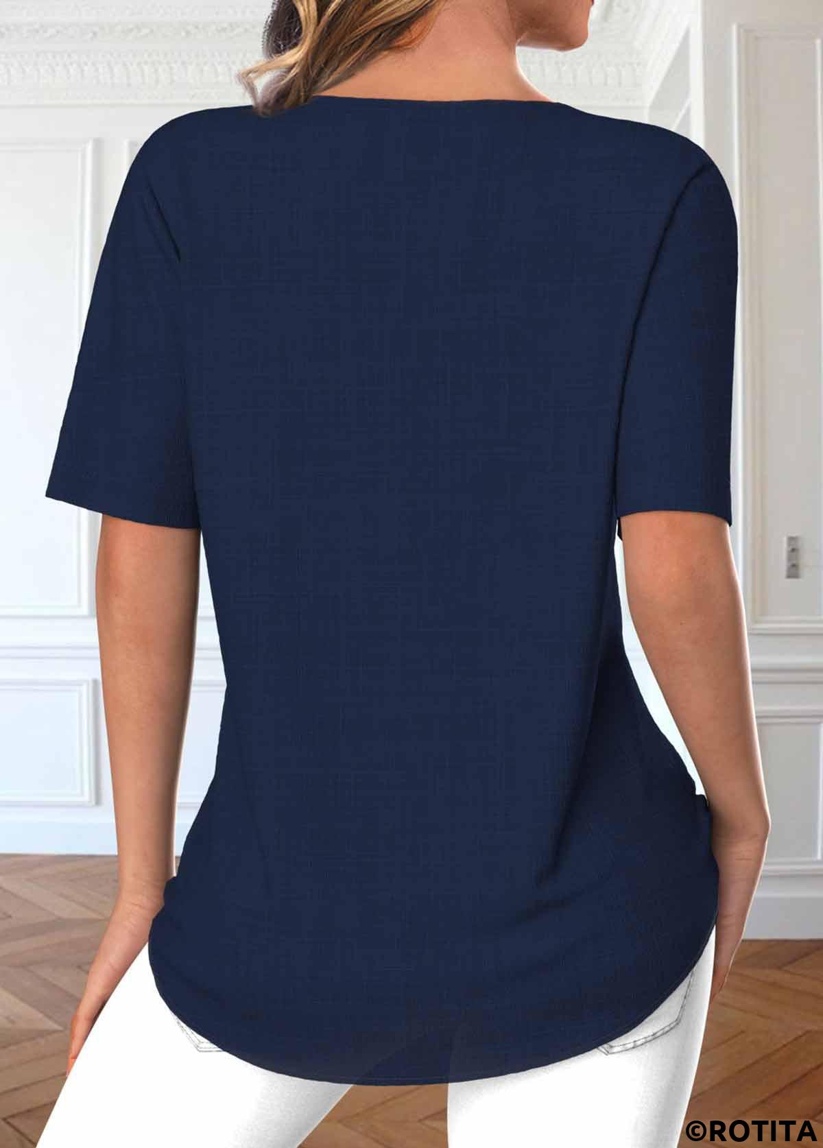 Navy tops,Plain Color tops,ROTITA Button Navy Split Neck Short Sleeve Blouse
