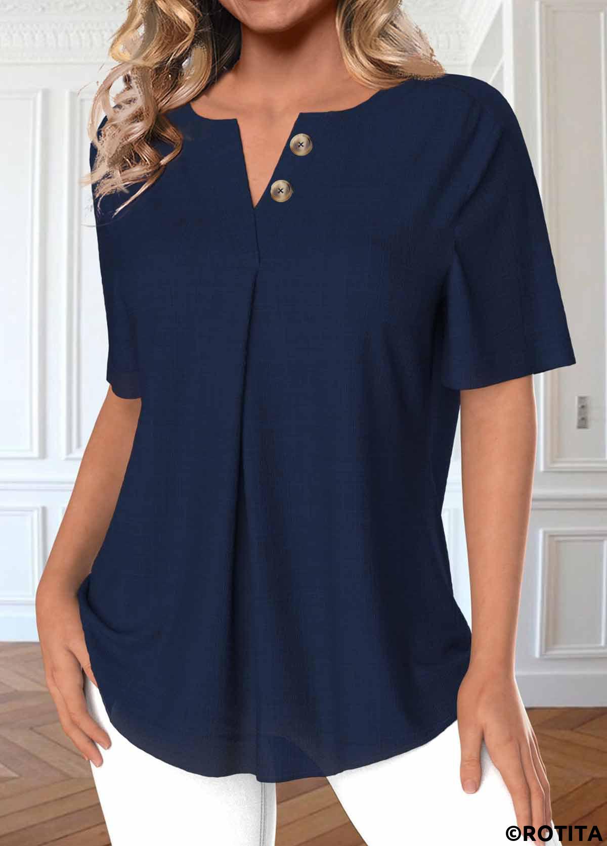 Navy tops,Plain Color tops,ROTITA Button Navy Split Neck Short Sleeve Blouse