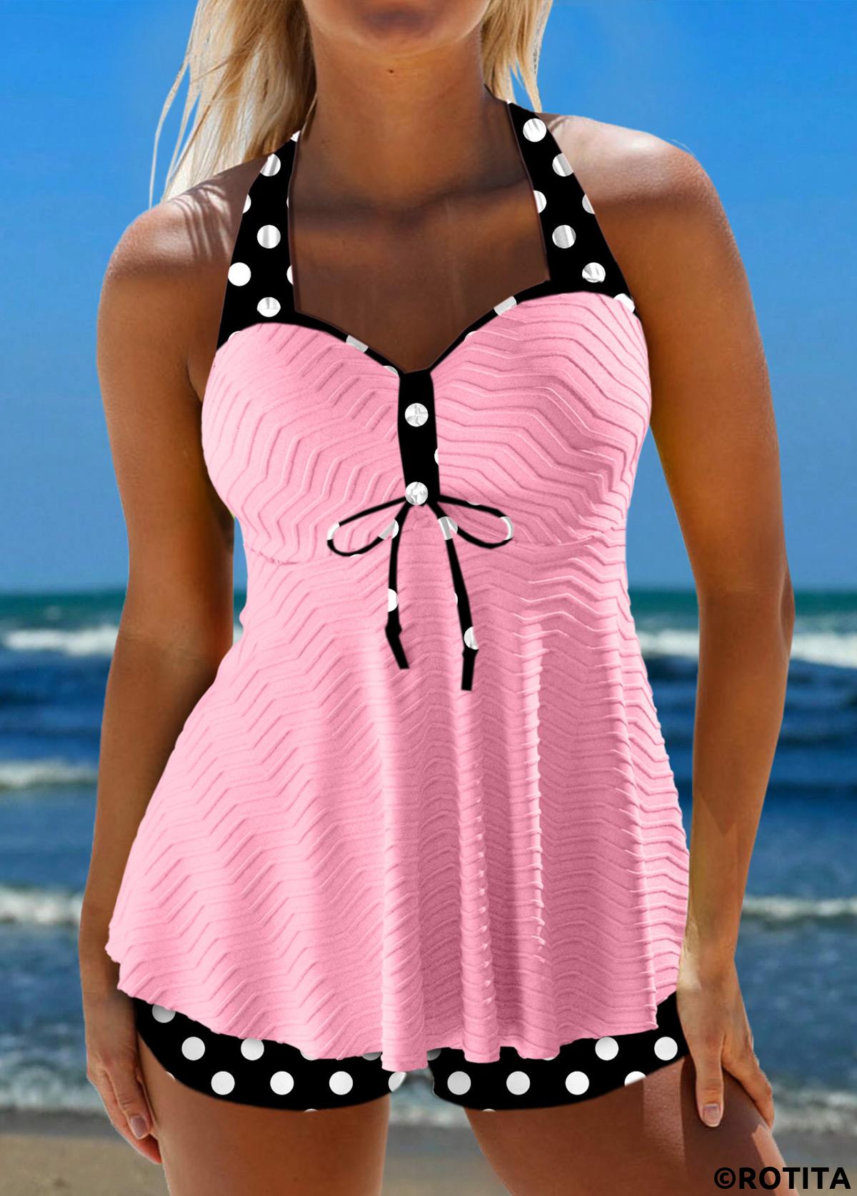 Light Pink swimwear,Dot swimwear,ROTITA Jacquard Light Pink Polka Dot Tankini Set