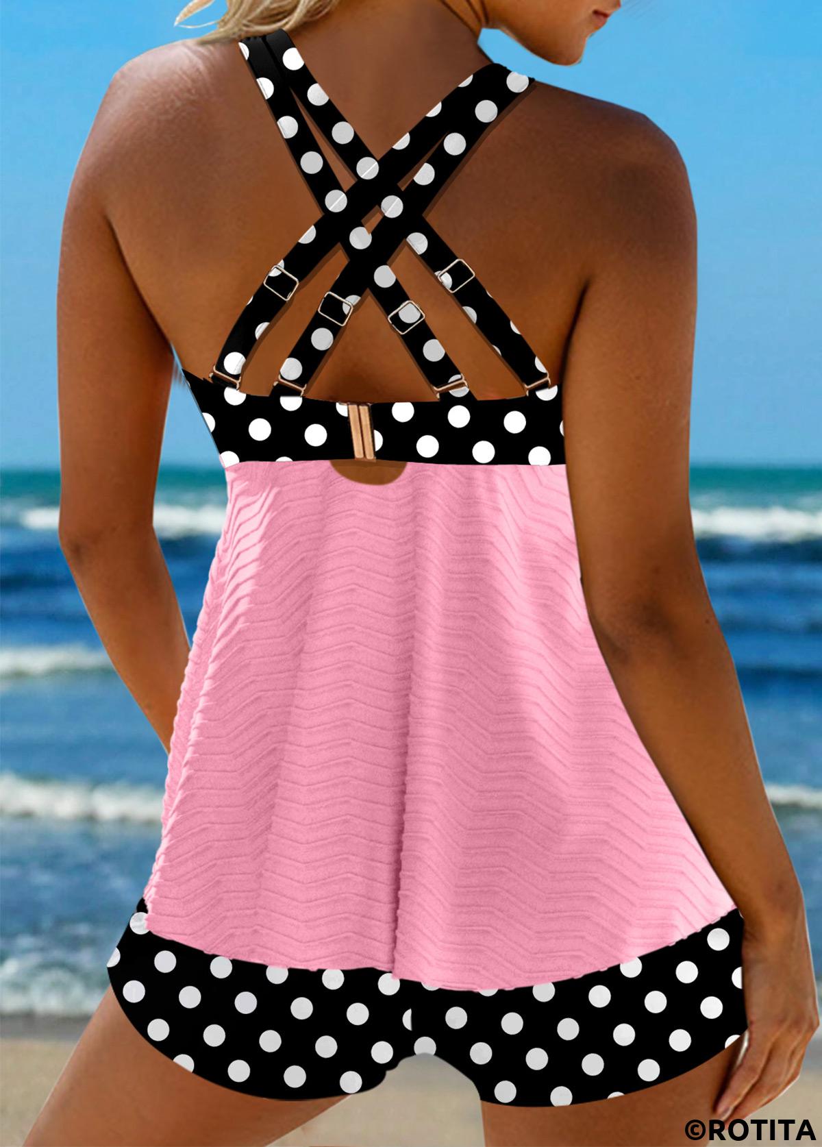 Light Pink swimwear,Dot swimwear,ROTITA Jacquard Light Pink Polka Dot Tankini Set