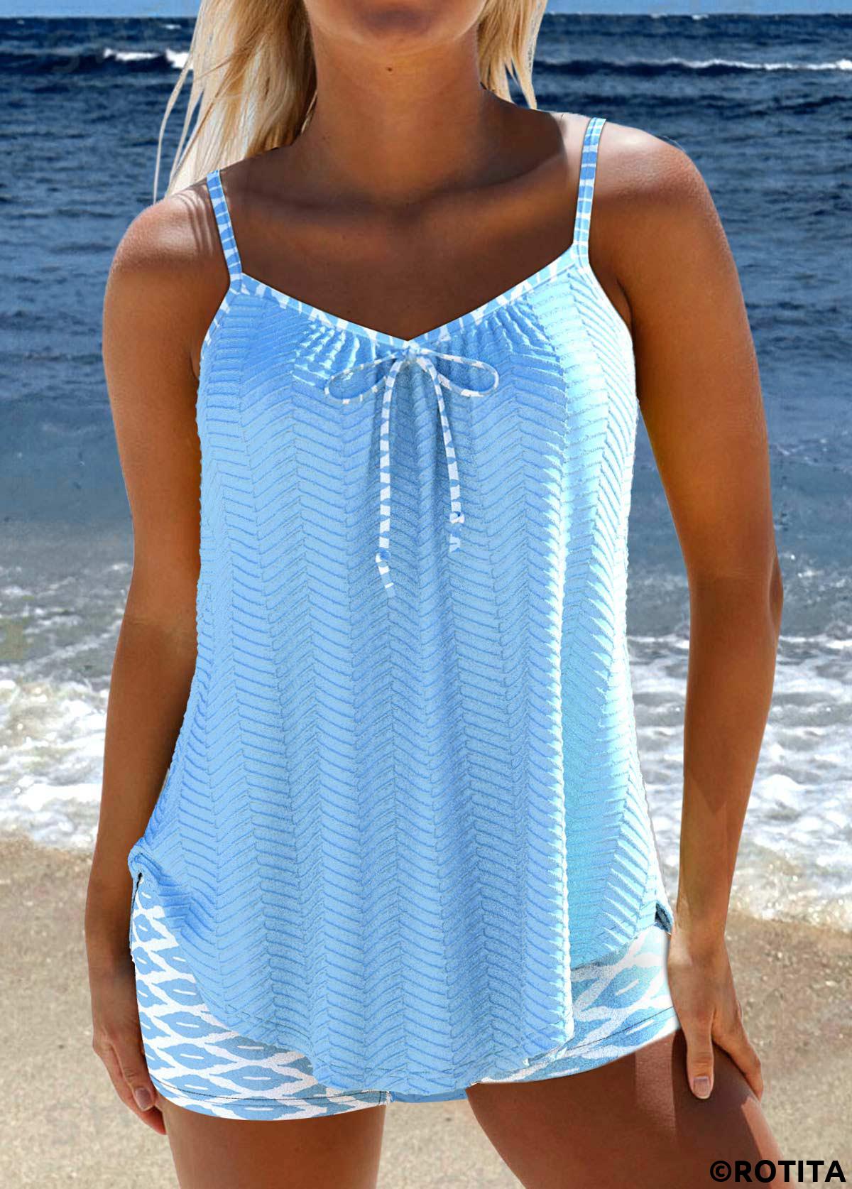 Light Blue swimwear,Geometric swimwear,ROTITA Bowknot Light Blue Geometric Print Tankini Set