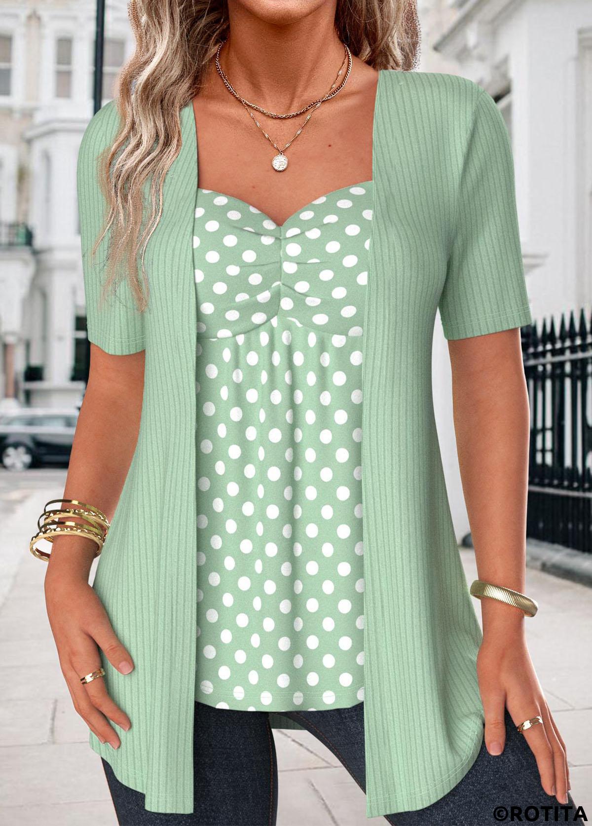 Green tops,Dot tops,ROTITA Polka Dot Green Heart Collar Fake Two Piece Twinset