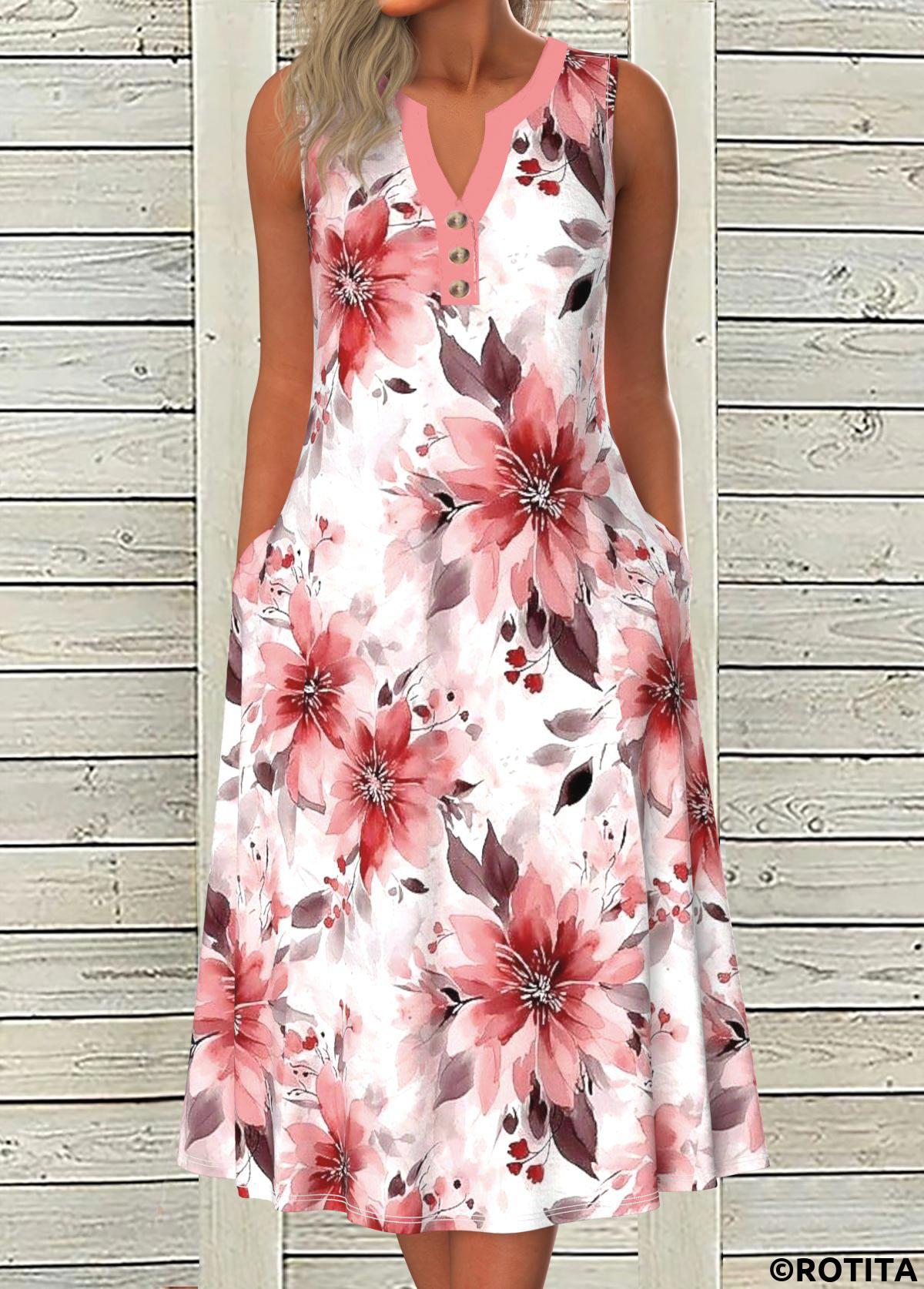 Pink dresses,Floral dresses,Plants dresses,Everyday dresses,Casual dresses,ROTITA Button Floral Print Pink A Line Split Neck Dress