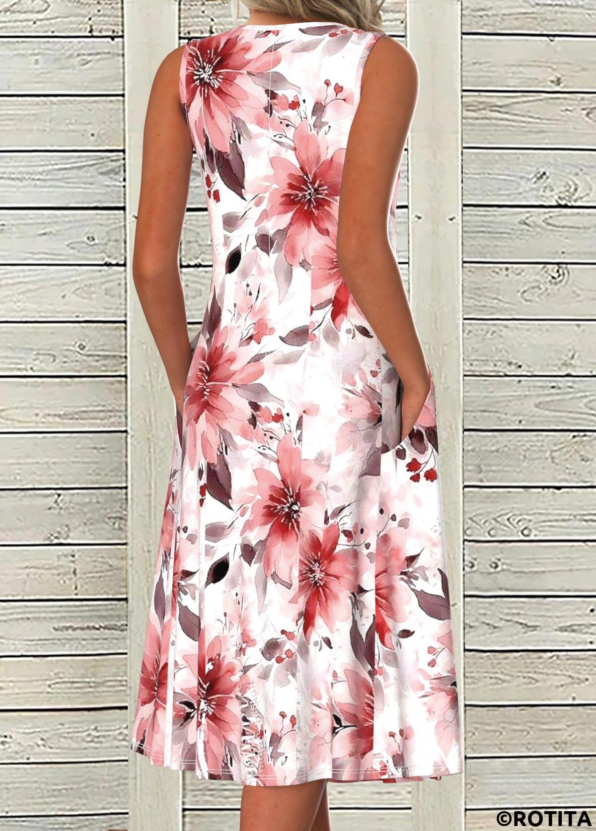 Pink dresses,Floral dresses,Plants dresses,Everyday dresses,Casual dresses,ROTITA Button Floral Print Pink A Line Split Neck Dress