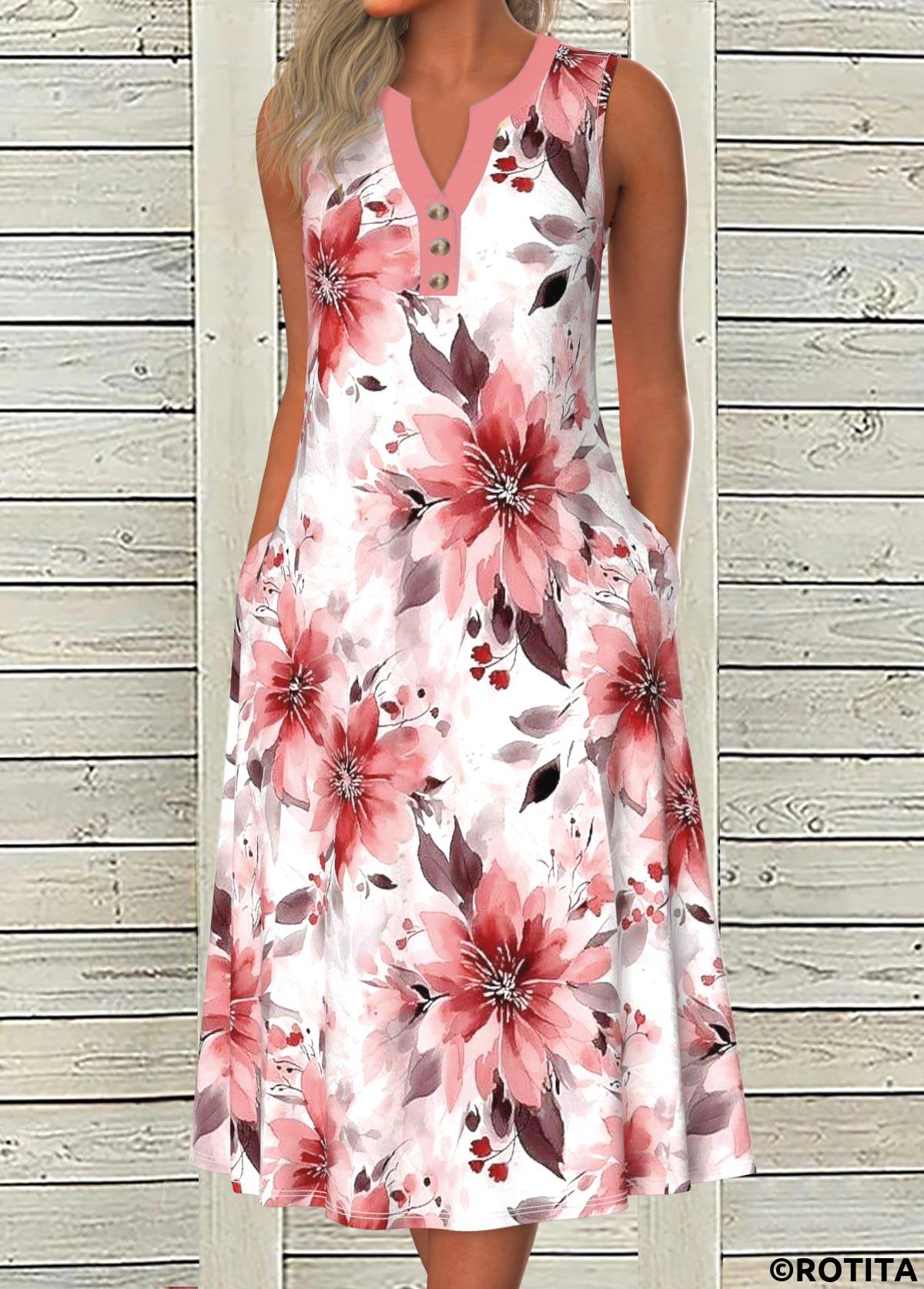 Pink dresses,Floral dresses,Plants dresses,Everyday dresses,Casual dresses,ROTITA Button Floral Print Pink A Line Split Neck Dress
