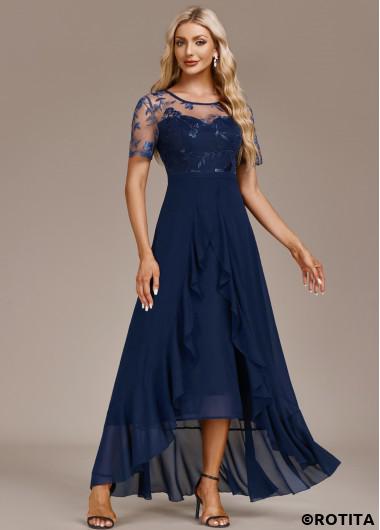 ROTITA Mesh Navy High Low Round Neck Short Sleeve Dress
