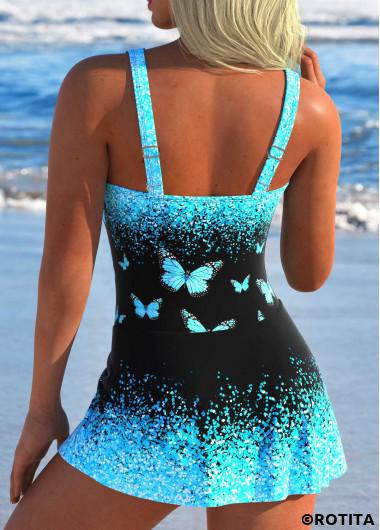 ROTITA Tie Cyan Butterfly Print One Piece Swimdress