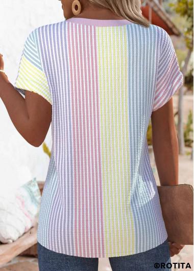 ROTITA Cross Hem Striped Multi Color Round Neck T Shirt