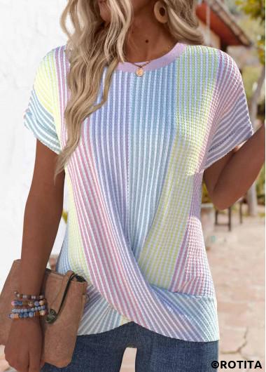 ROTITA Cross Hem Striped Multi Color Round Neck T Shirt