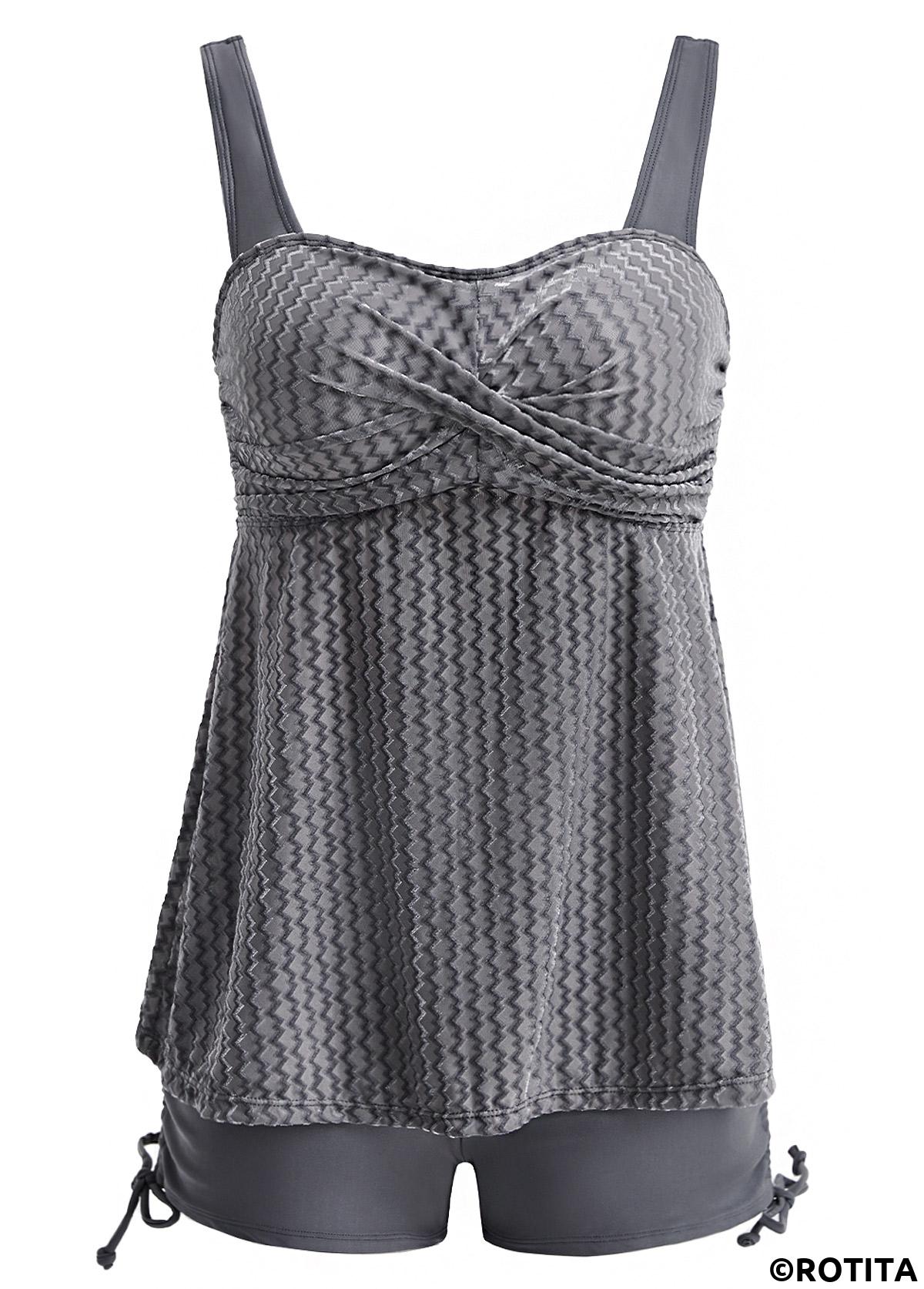 Grey swimwear,Plain Color swimwear,ROTITA Surplice Grey Mid Waisted Tankini Set