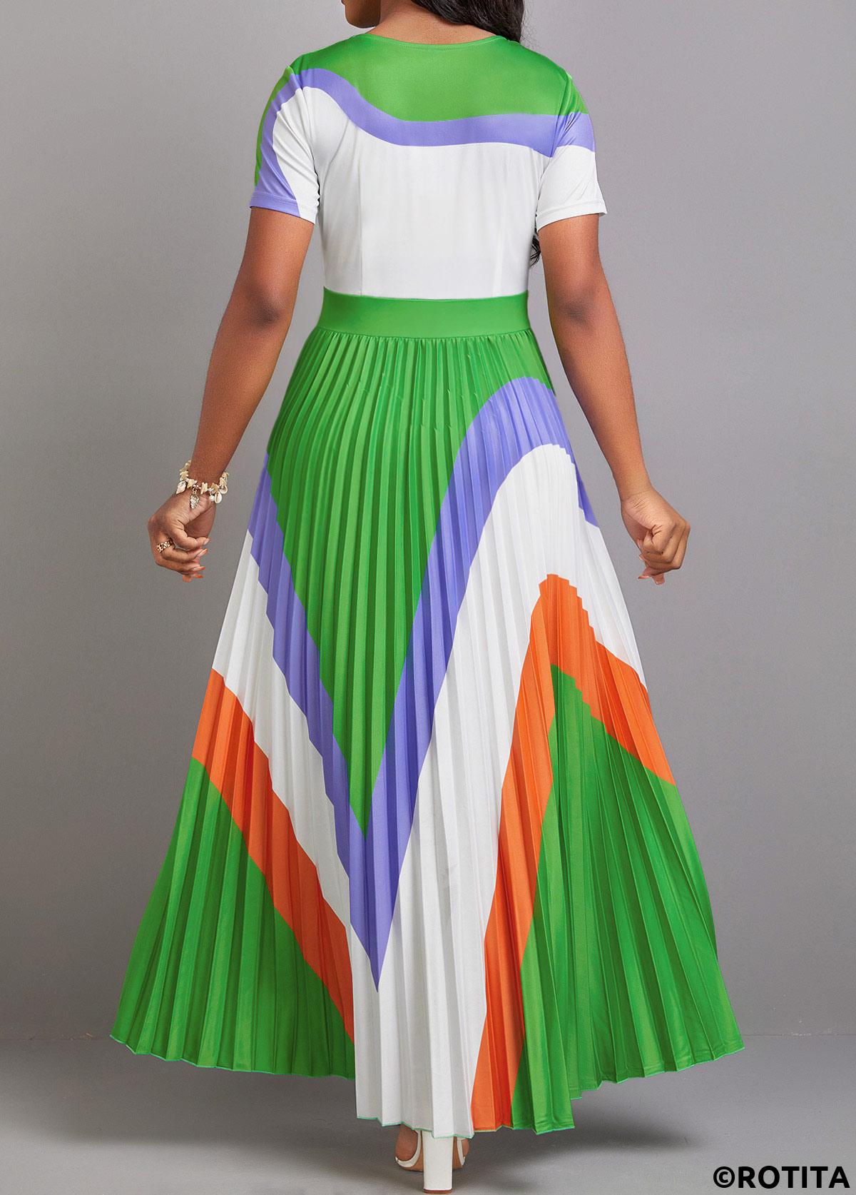 Green dresses,Contrast Color dresses,Geometric dresses,Party dresses,Elegant dresses,ROTITA Pleated Green Round Neck Short Sleeve Dress