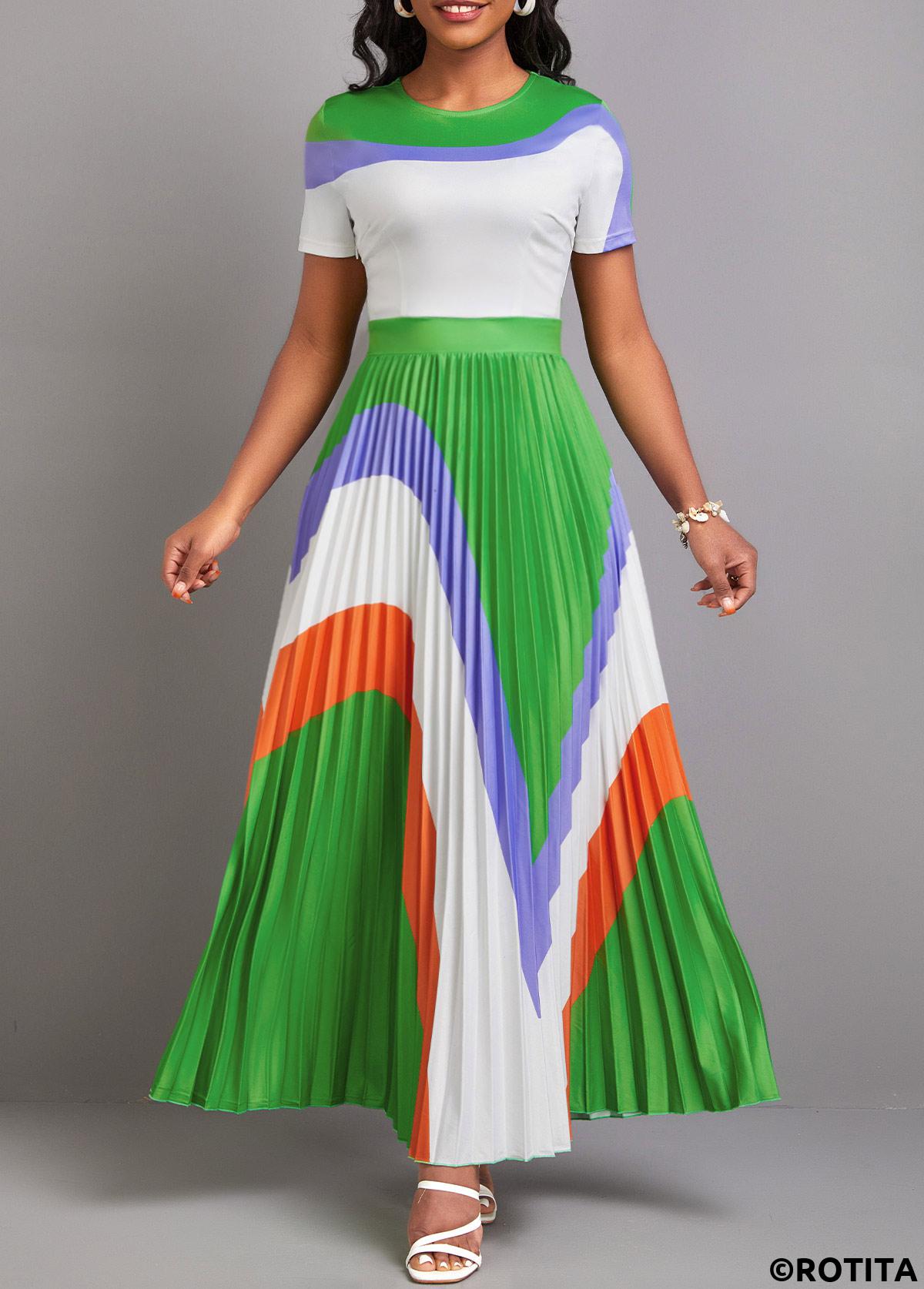 Green dresses,Contrast Color dresses,Geometric dresses,Party dresses,Elegant dresses,ROTITA Pleated Green Round Neck Short Sleeve Dress