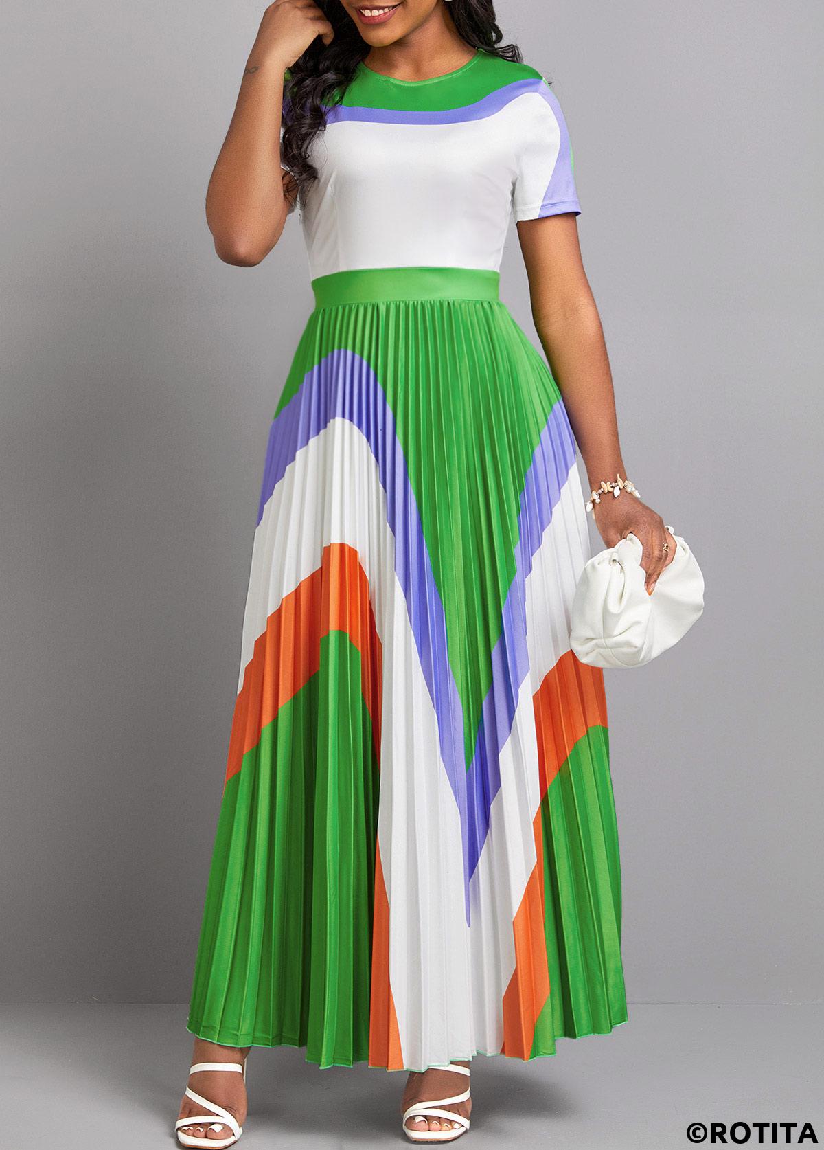 Green dresses,Contrast Color dresses,Geometric dresses,Party dresses,Elegant dresses,ROTITA Pleated Green Round Neck Short Sleeve Dress