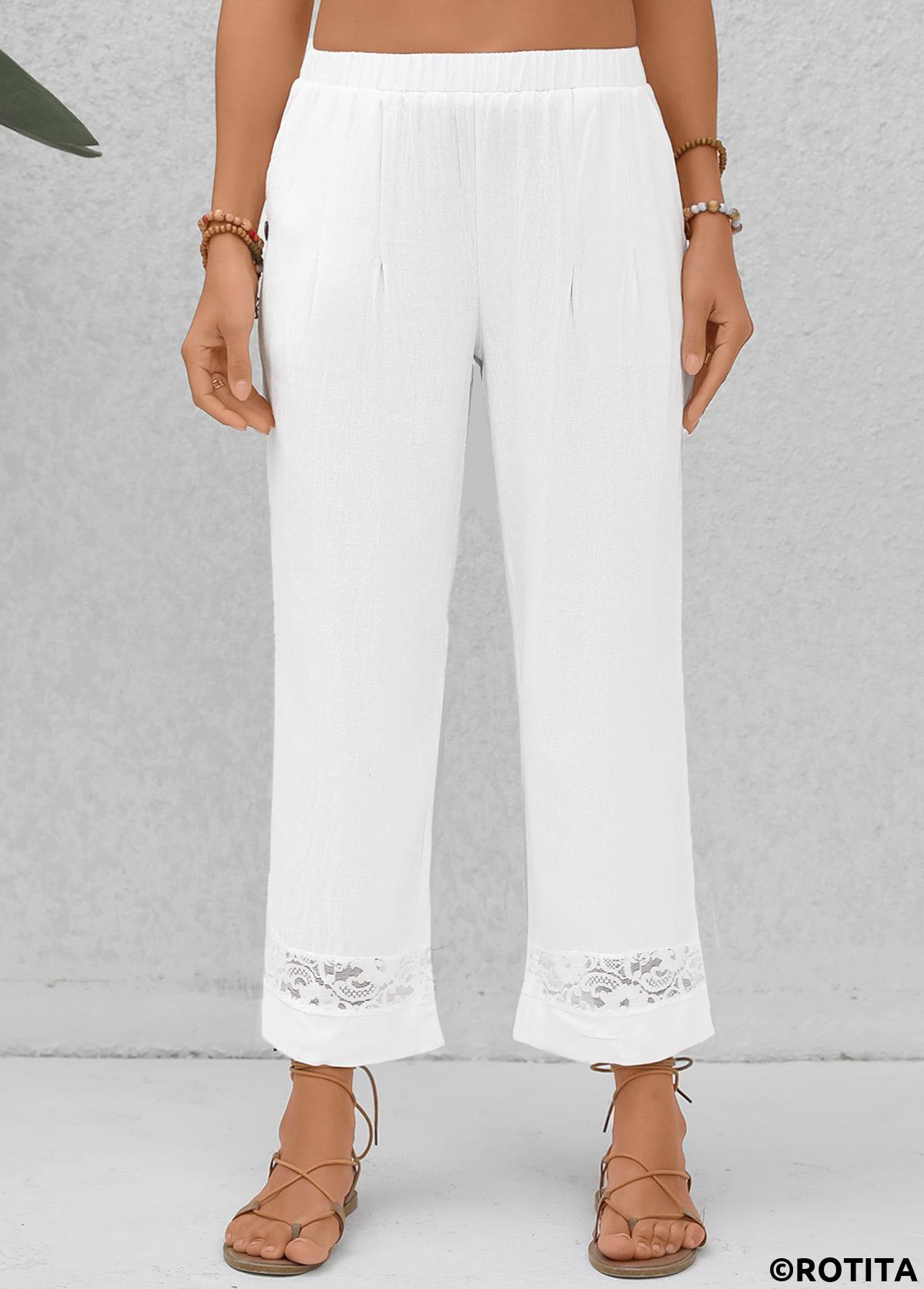 White bottoms,Plain Color bottoms,Patchwork White Elastic Waist High Waisted Pants