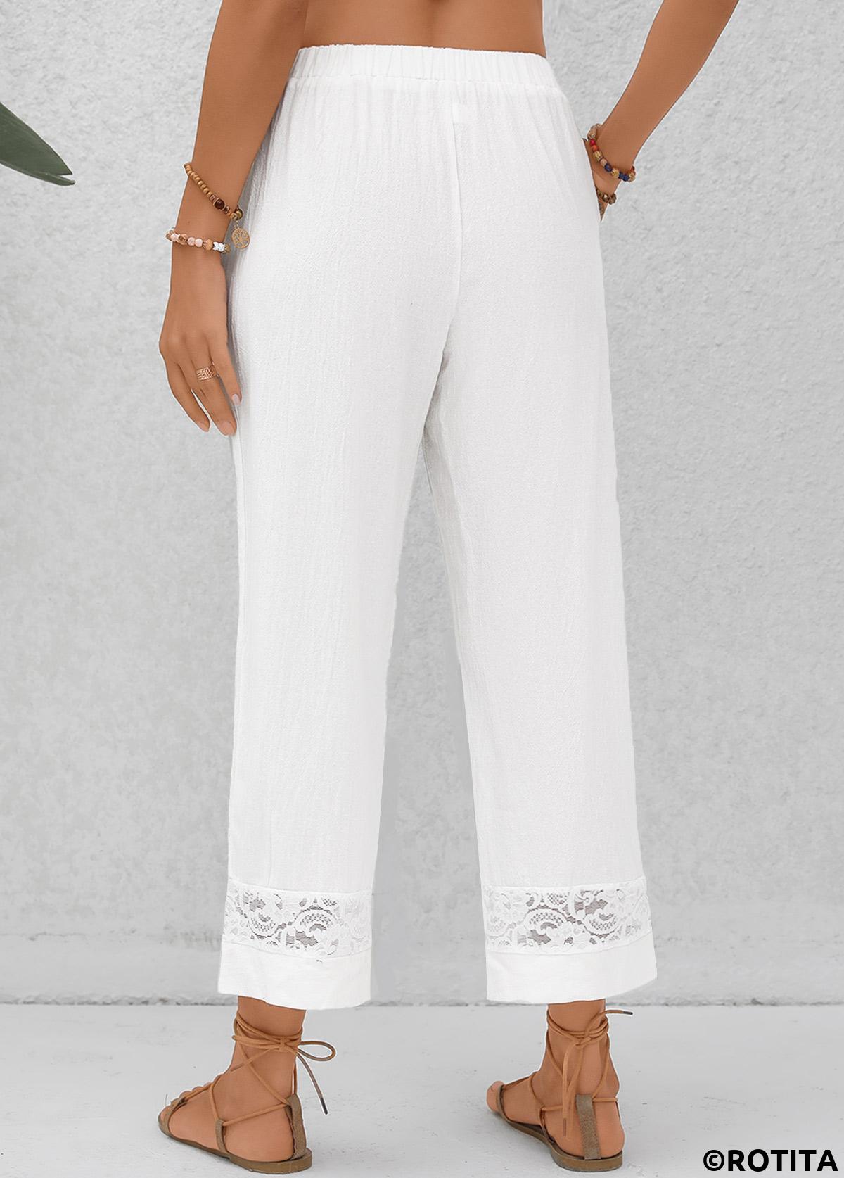White bottoms,Plain Color bottoms,Patchwork White Elastic Waist High Waisted Pants