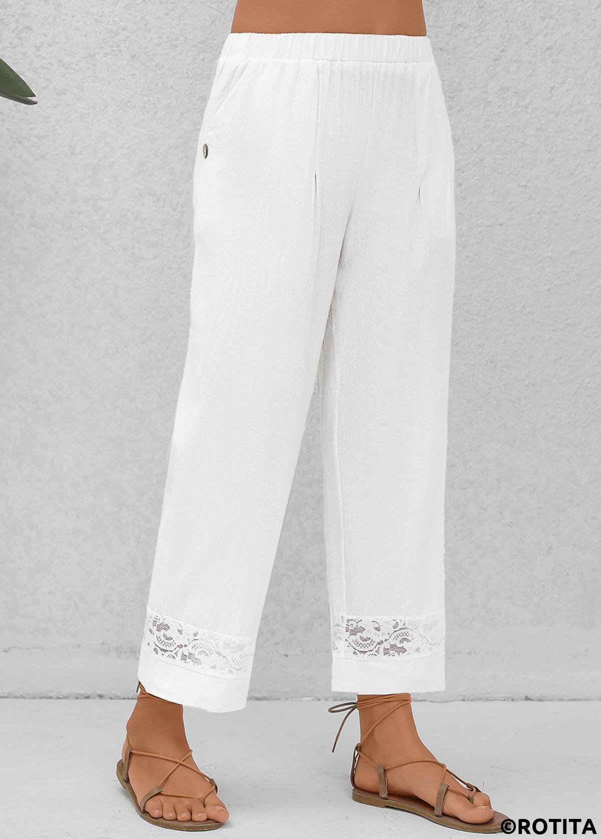 White bottoms,Plain Color bottoms,Patchwork White Elastic Waist High Waisted Pants