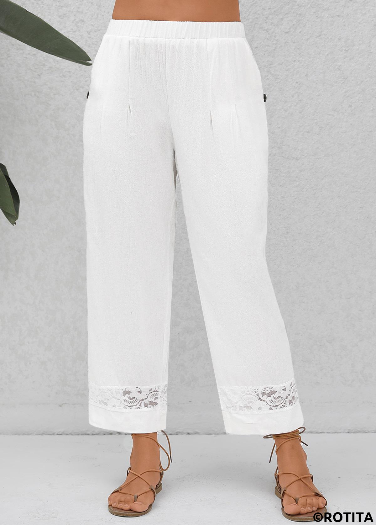 White bottoms,Plain Color bottoms,Patchwork White Elastic Waist High Waisted Pants