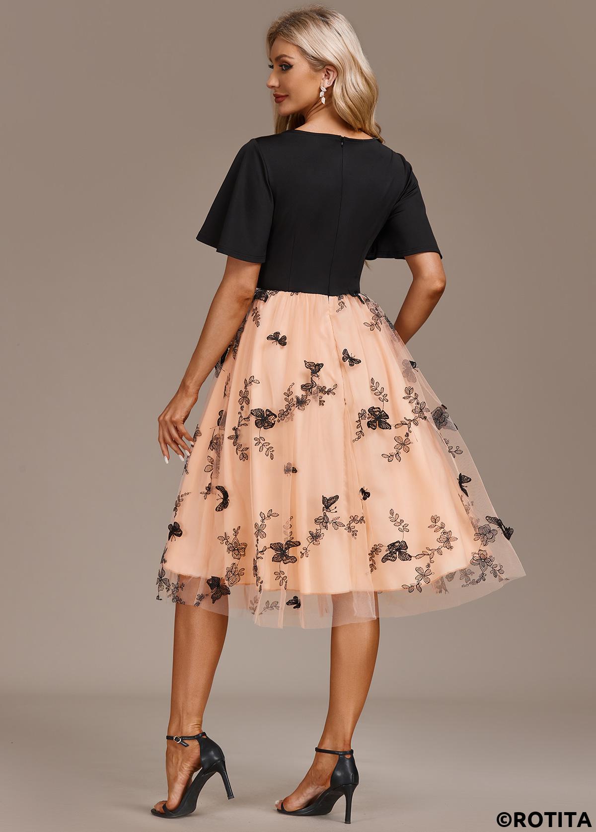 Mesh Butterfly Print Black Short Sleeve Dress
