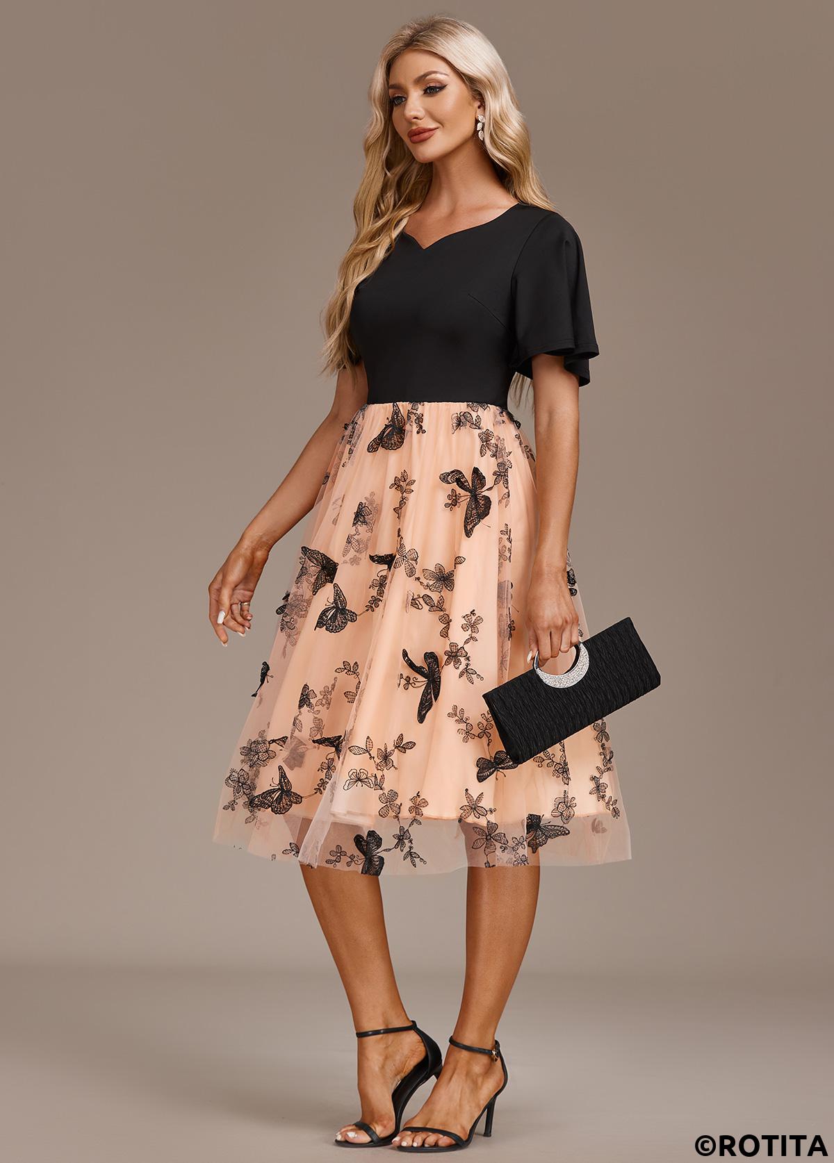 Mesh Butterfly Print Black Short Sleeve Dress