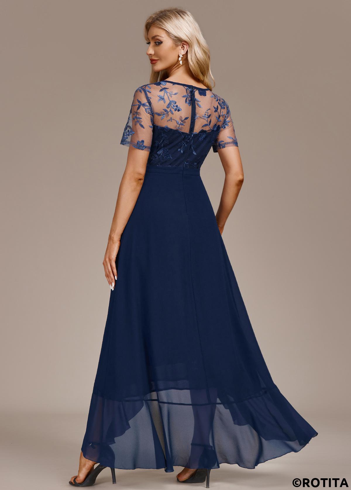ROTITA Mesh Navy High Low Round Neck Short Sleeve Dress