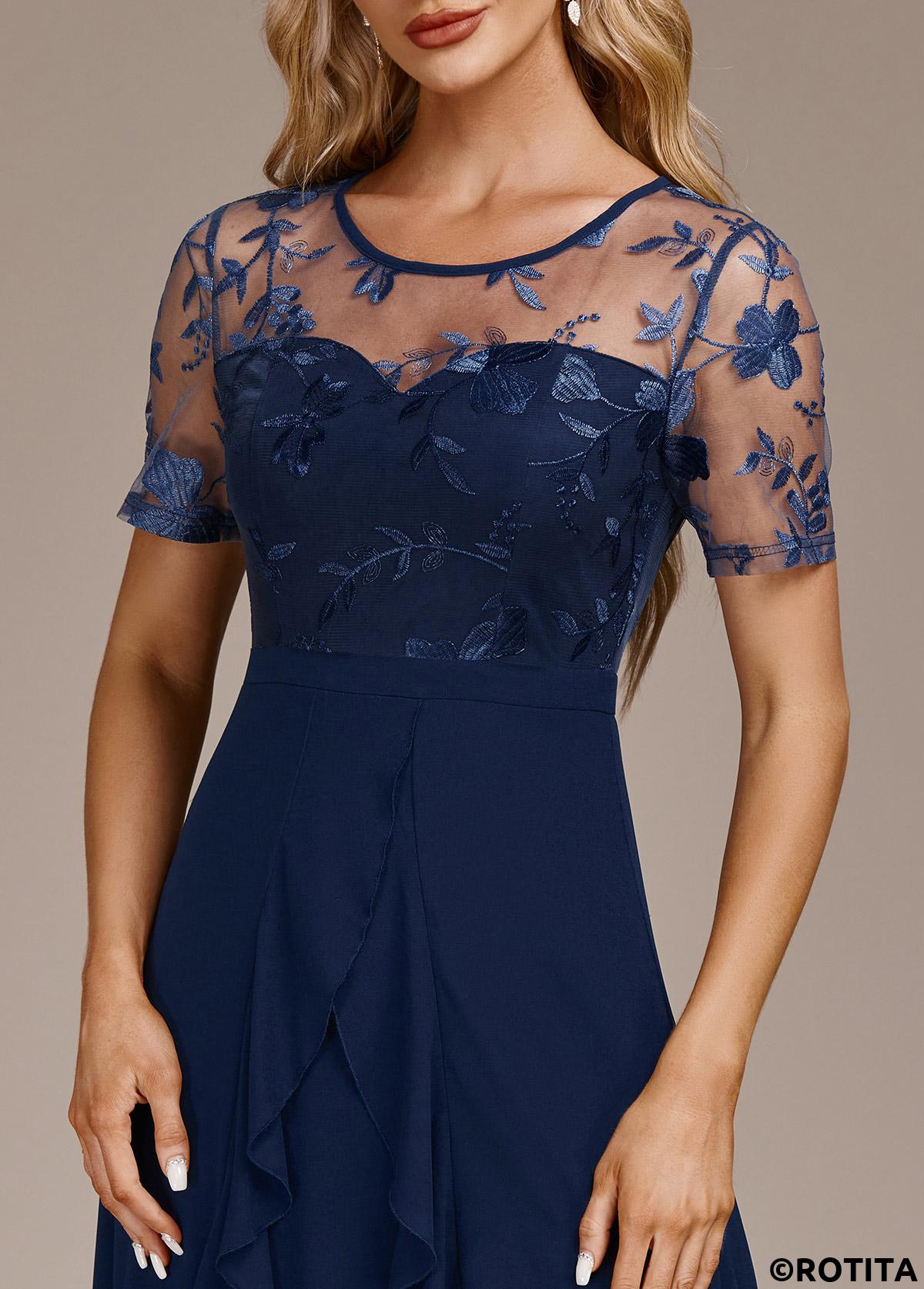 Navy dresses,Plain Color dresses,Party dresses,Elegant dresses,ROTITA Mesh Navy High Low Round Neck Short Sleeve Dress