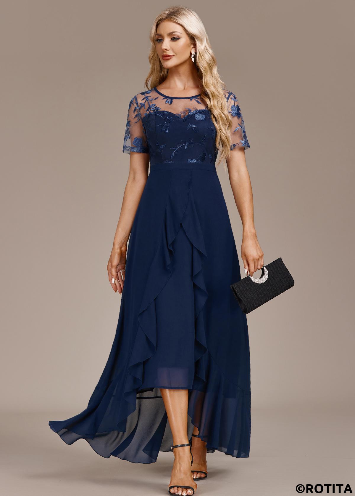 Navy dresses,Plain Color dresses,Party dresses,Elegant dresses,ROTITA Mesh Navy High Low Round Neck Short Sleeve Dress