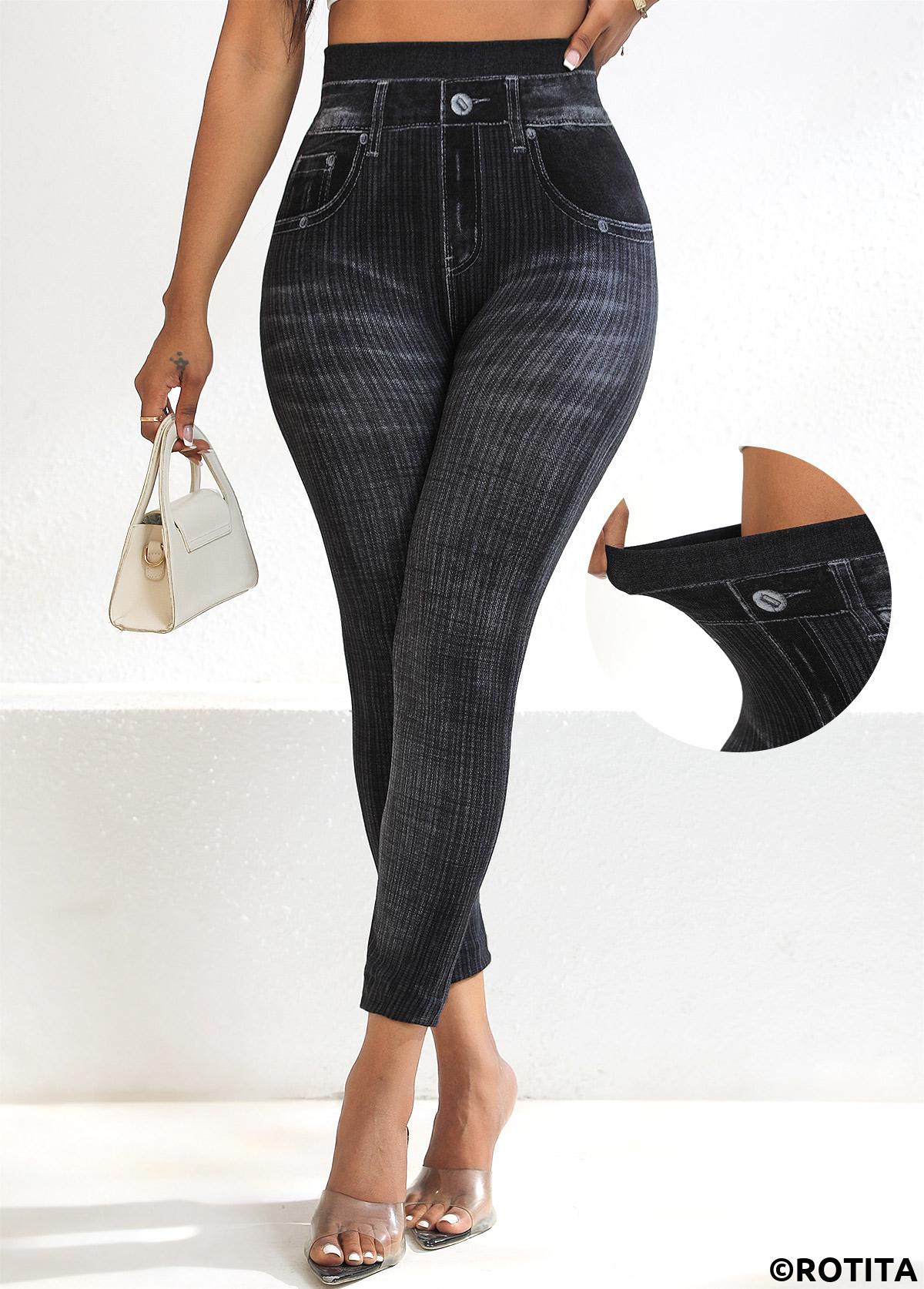 Black bottoms,Denim-Effect Print bottoms,Denim-effect Print Black High Waisted Elastic Waist Leggings
