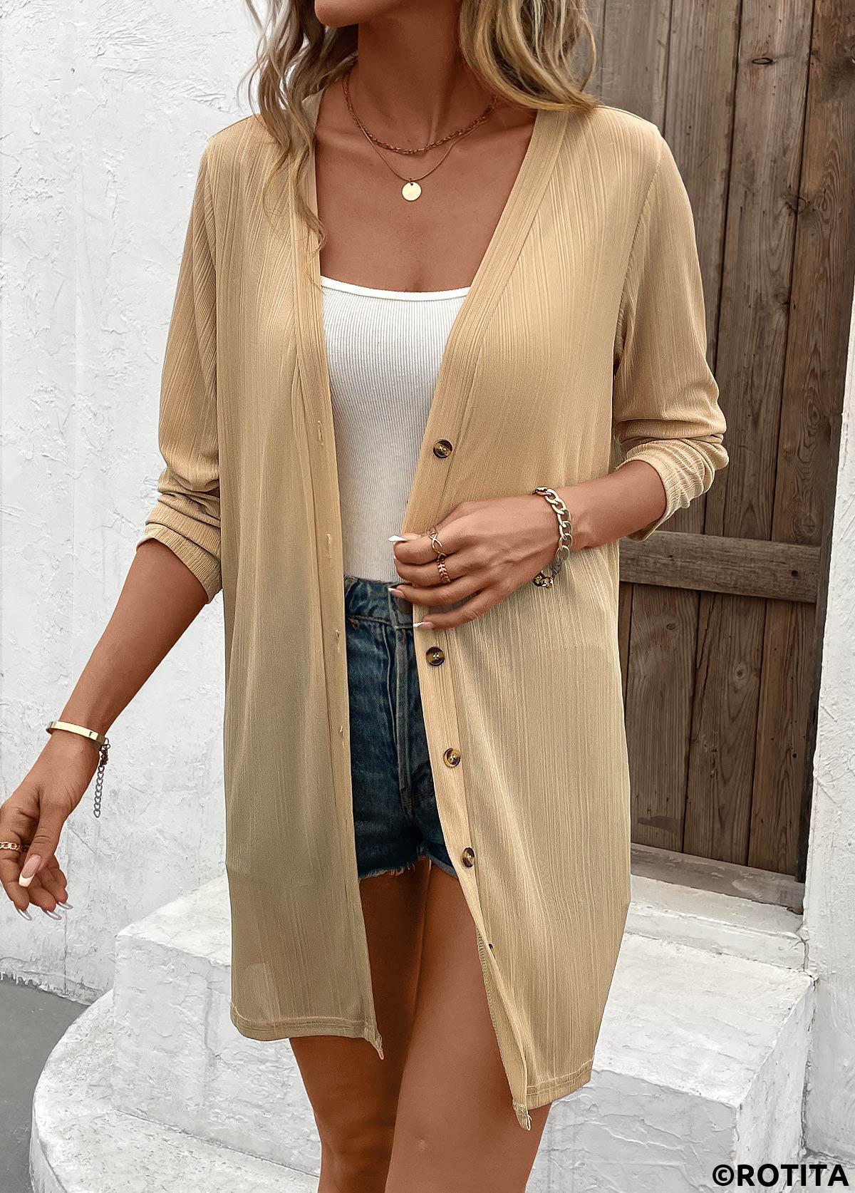 Light Camel tops,Plain Color tops,Button Lightweight Long Sleeve Light Cardigan