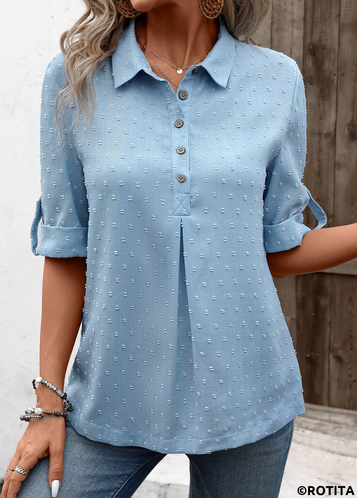 Denim Blue tops,Plain Color tops,ROTITA Button Denim Blue Shirt Collar Half Sleeve Blouse