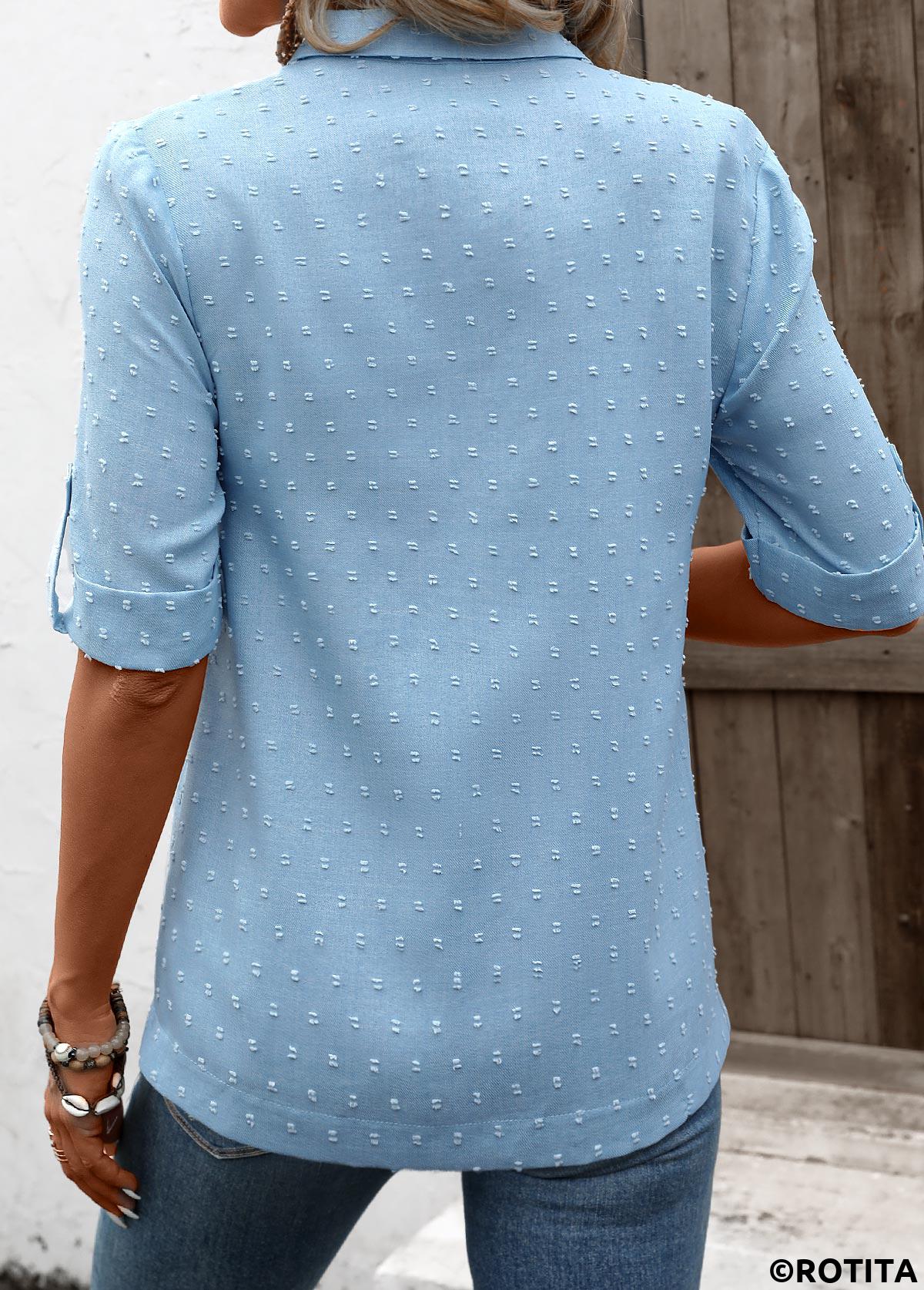 Denim Blue tops,Plain Color tops,ROTITA Button Denim Blue Shirt Collar Half Sleeve Blouse