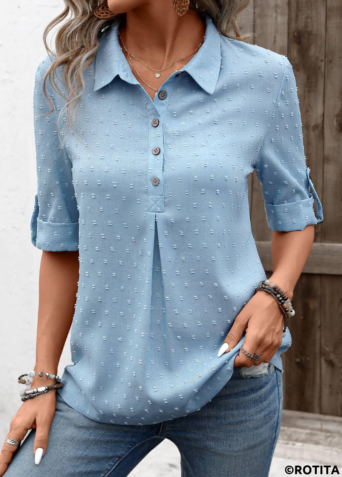 Denim Blue tops,Plain Color tops,ROTITA Button Denim Blue Shirt Collar Half Sleeve Blouse
