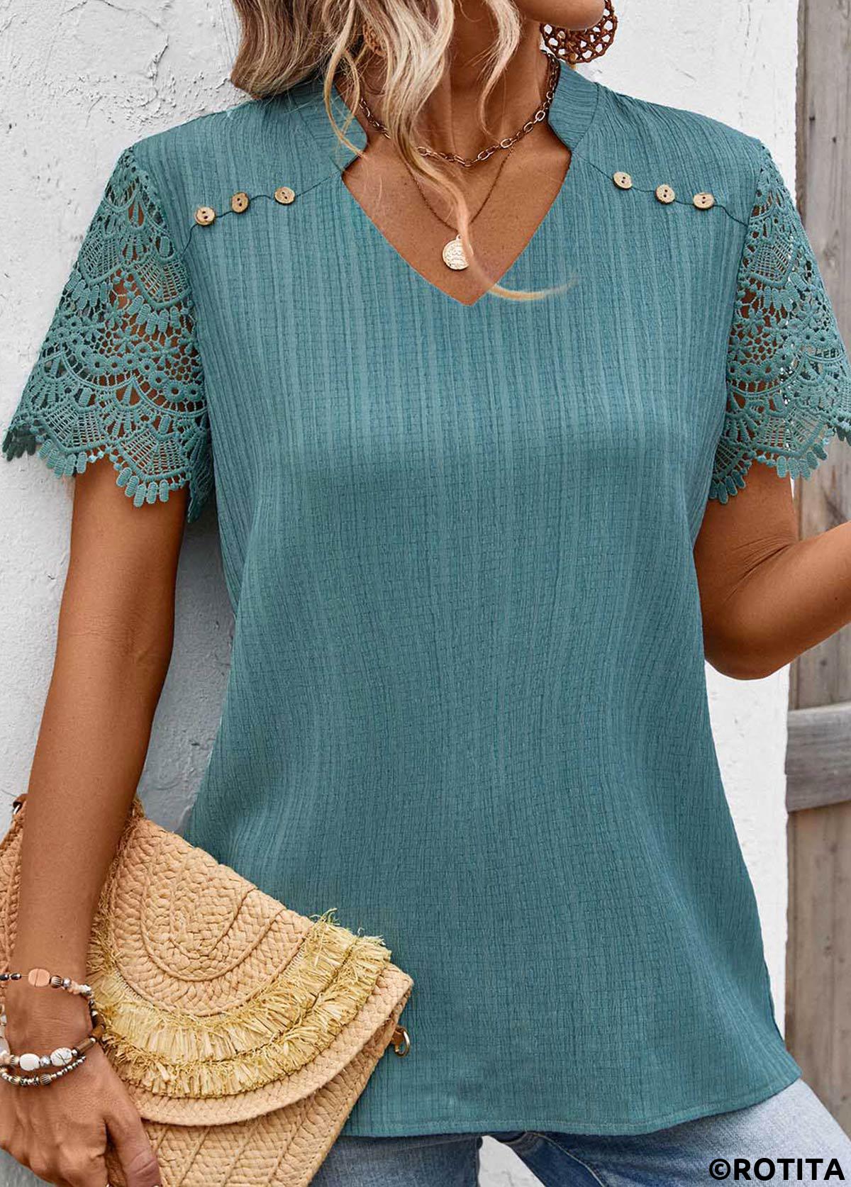 Turquoise tops,Plain Color tops,ROTITA Lace Turquoise Split Neck Short Sleeve Blouse