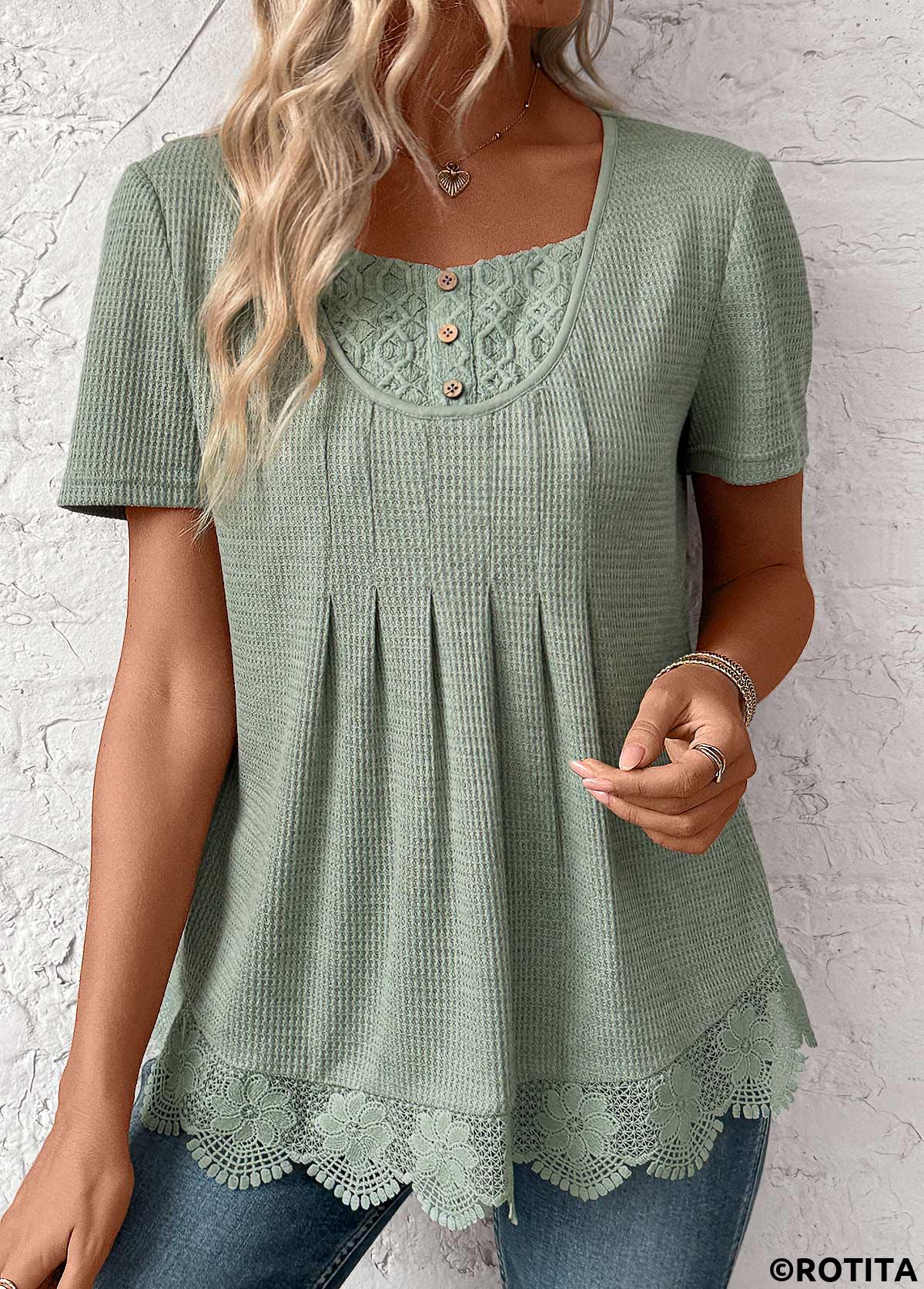 Sage Green tops,Plain Color tops,ROTITA Lace Sage Green Square Neck Short Sleeve T Shirt