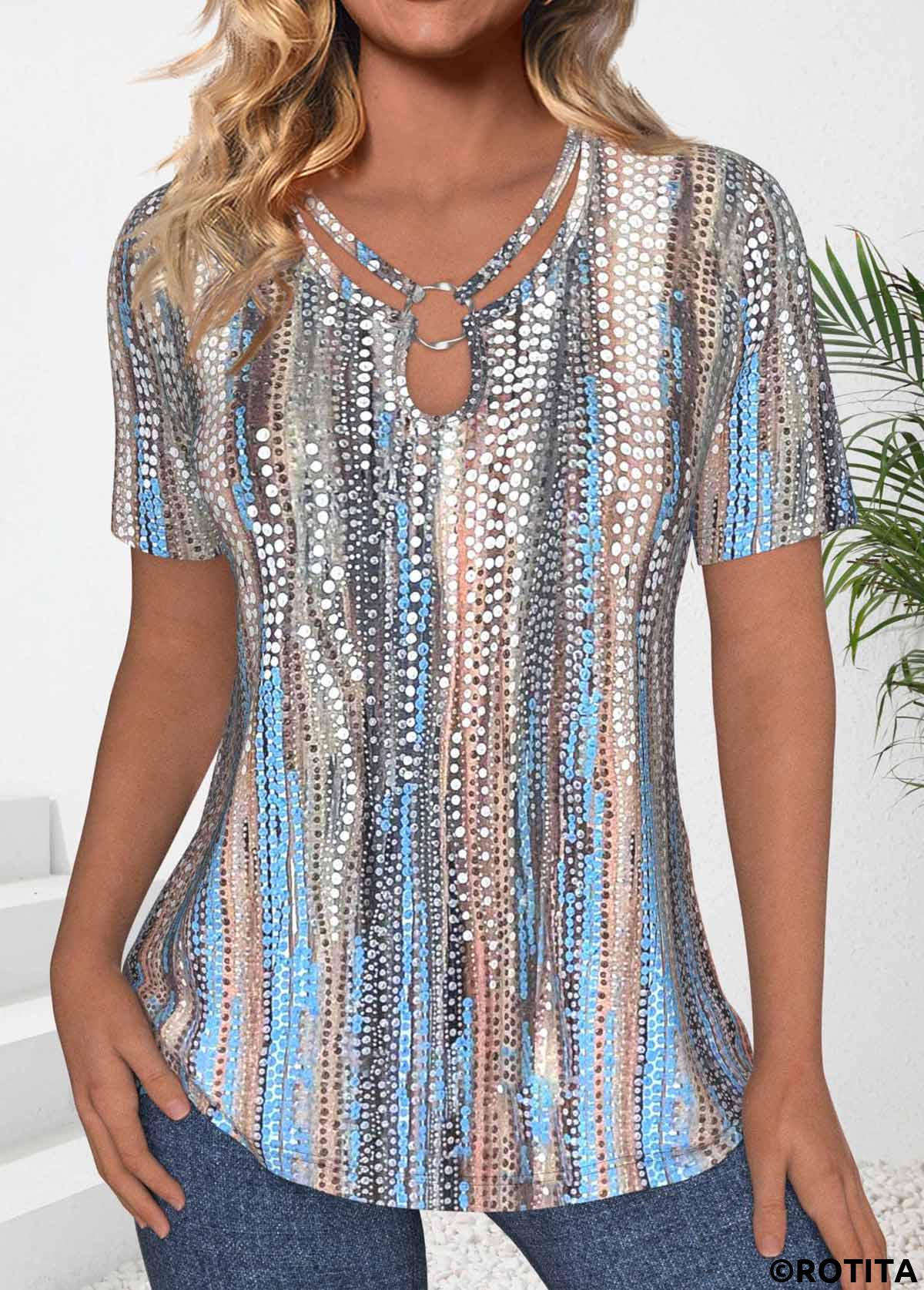 Neon Blue tops,Dot tops,Striped tops,Geometric tops,ROTITA Circular Ring Polka Dot Neon Blue T Shirt
