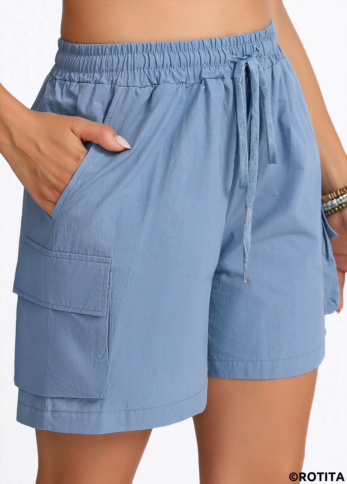 Dusty Blue bottoms,Plain Color bottoms,ROTITA Pocket Dusty Blue Elastic Waist High Waisted Shorts