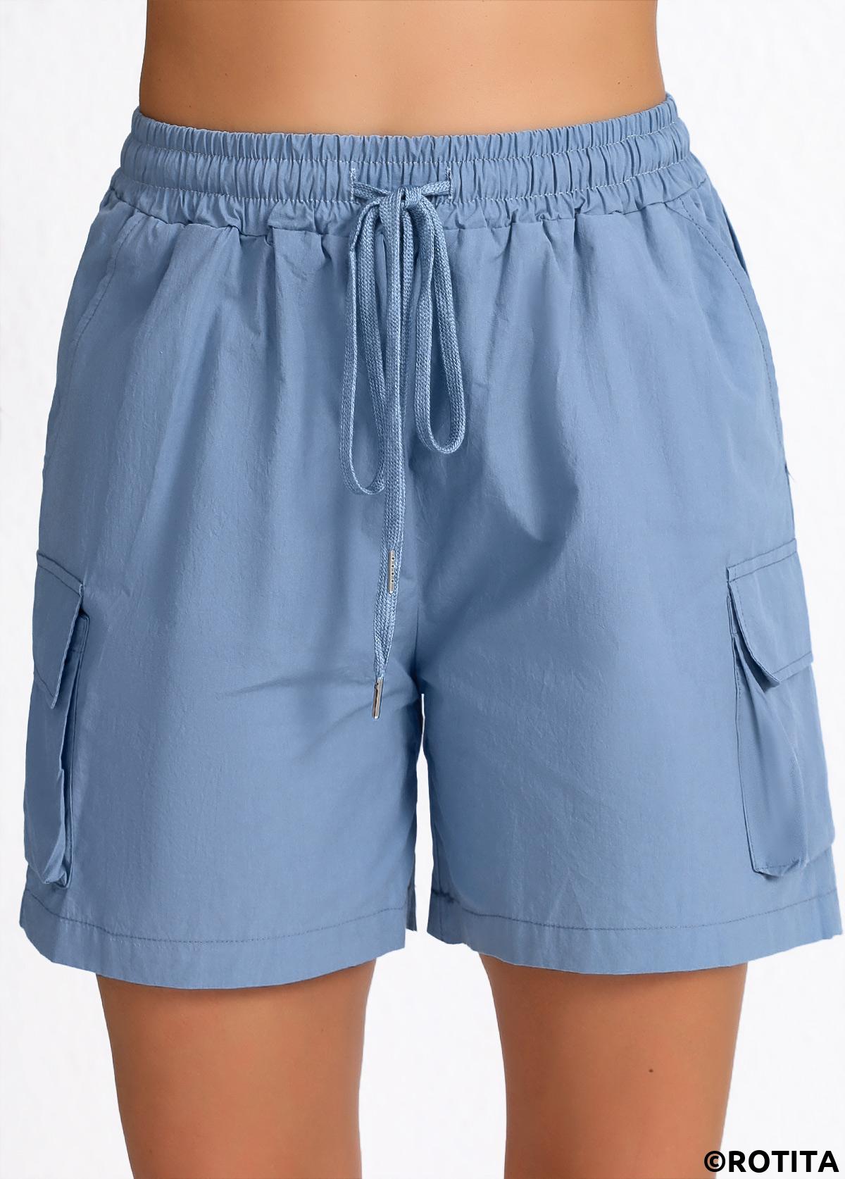 Dusty Blue bottoms,Plain Color bottoms,ROTITA Pocket Dusty Blue Elastic Waist High Waisted Shorts