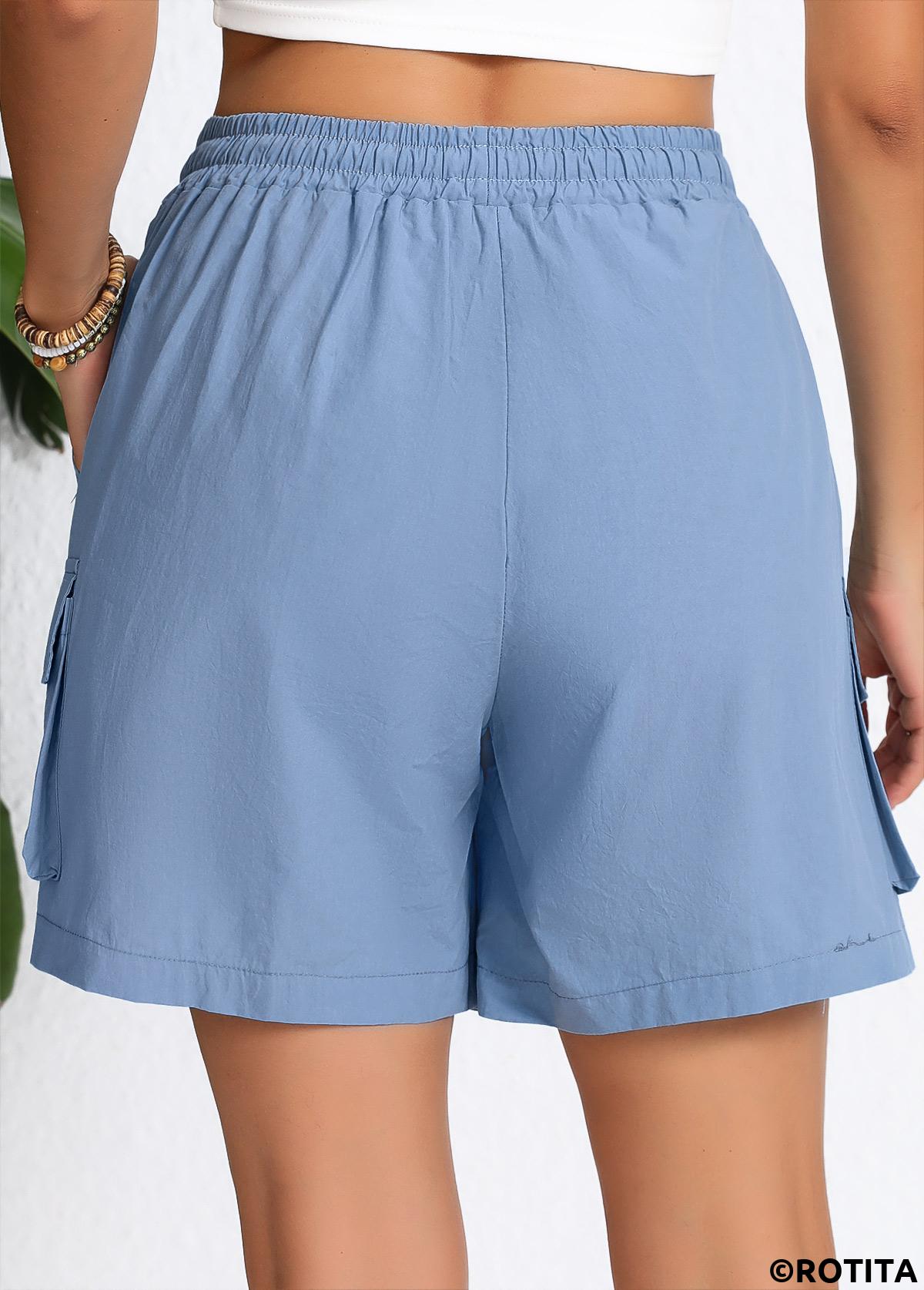 Dusty Blue bottoms,Plain Color bottoms,ROTITA Pocket Dusty Blue Elastic Waist High Waisted Shorts