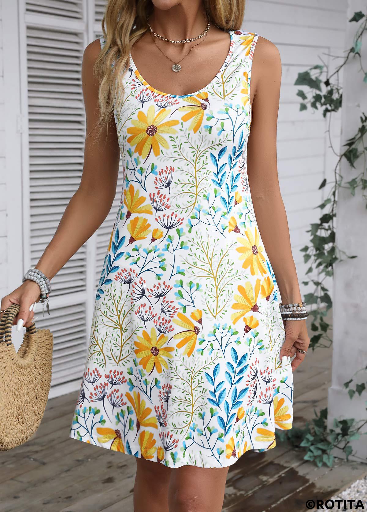 White dresses,Floral dresses,Plants dresses,Vacation dresses,Vacation dresses,ROTITA Lightweight Floral Print White A Line V Neck Dress