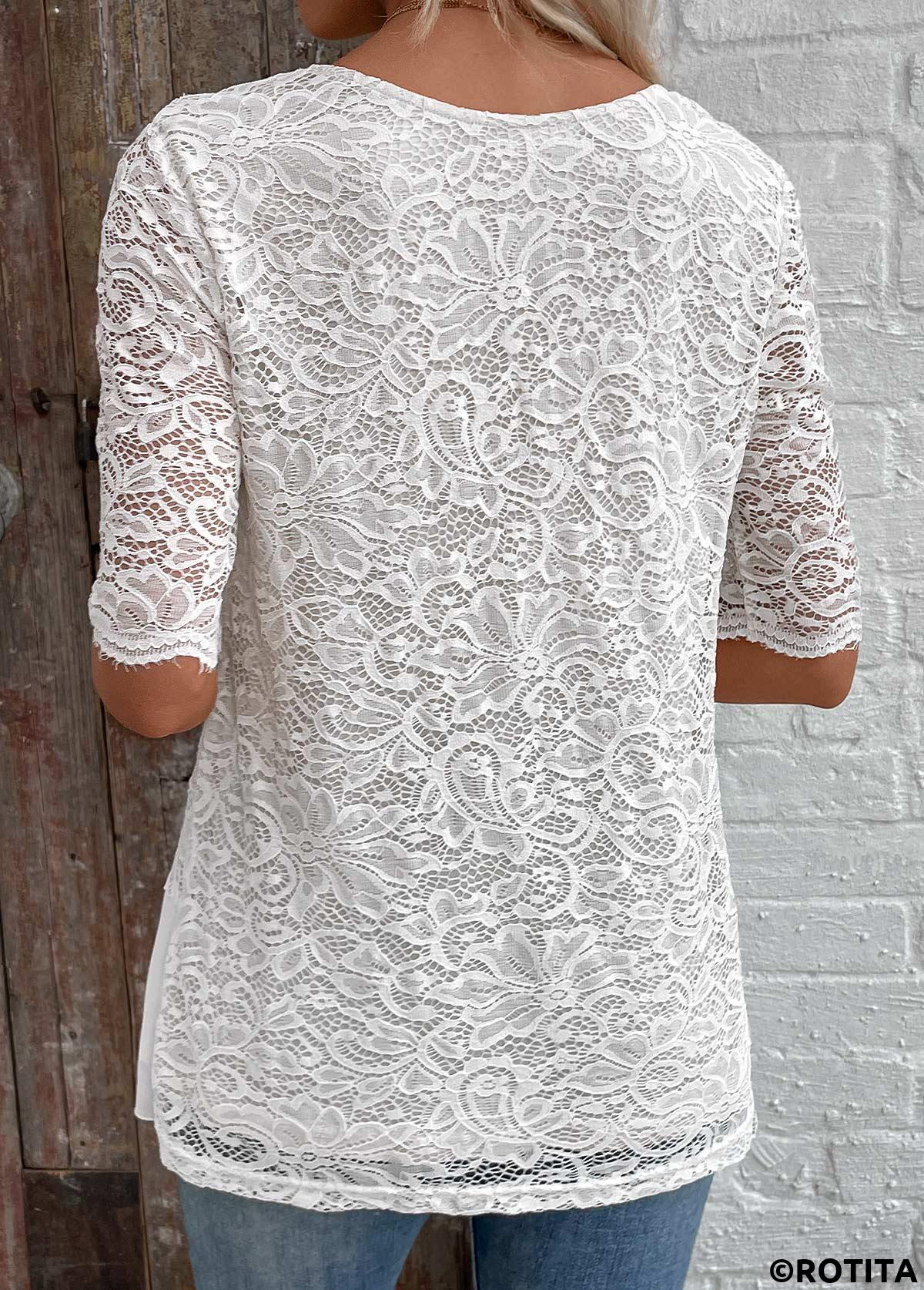 White tops,Plain Color tops,ROTITA Patchwork White V Neck Half Sleeve Blouse