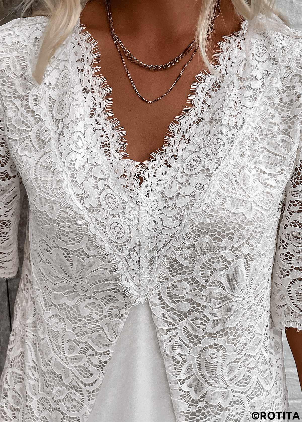 White tops,Plain Color tops,ROTITA Patchwork White V Neck Half Sleeve Blouse