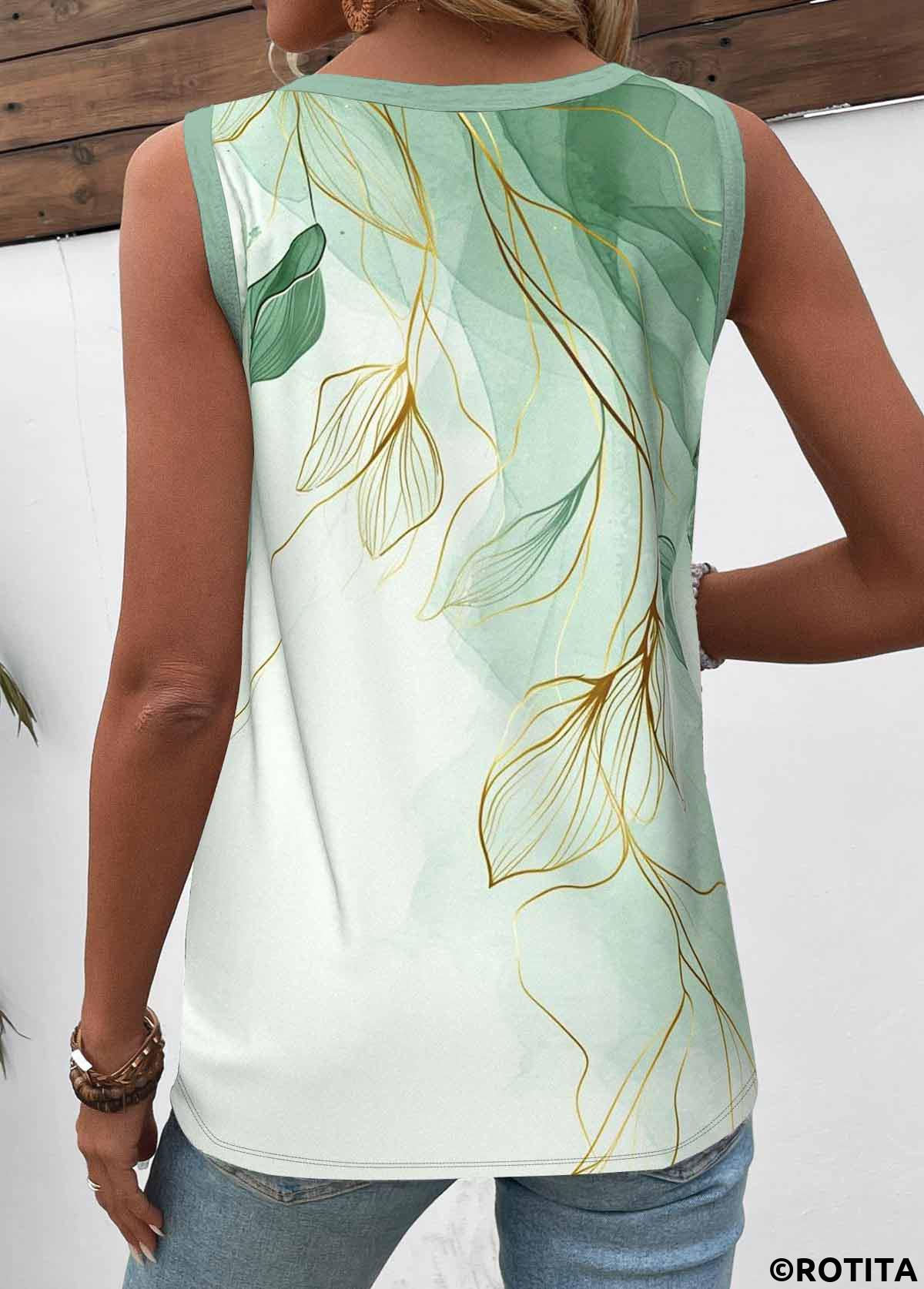 Light Green tops,Plants tops,Ombre tops,ROTITA Button Leaf Print Light Green Round Neck Tank Top