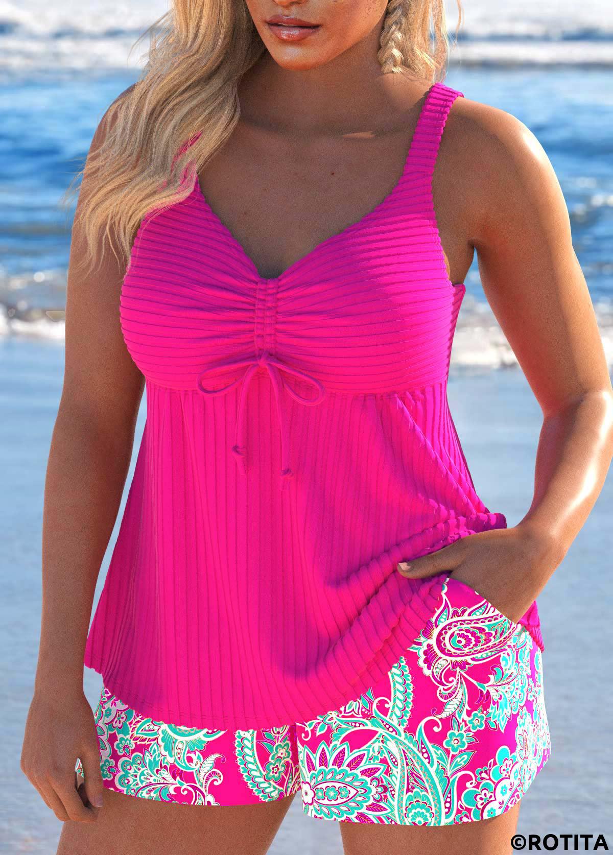 Hot Pink swimwear,Paisley swimwear,ROTITA Drawstring Hot Pink Paisley Print Tankini Set