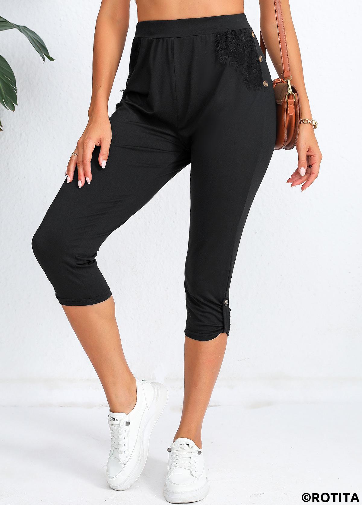 Black bottoms,Plain Color bottoms,Black High Waisted Elastic Waist Capri Leggings