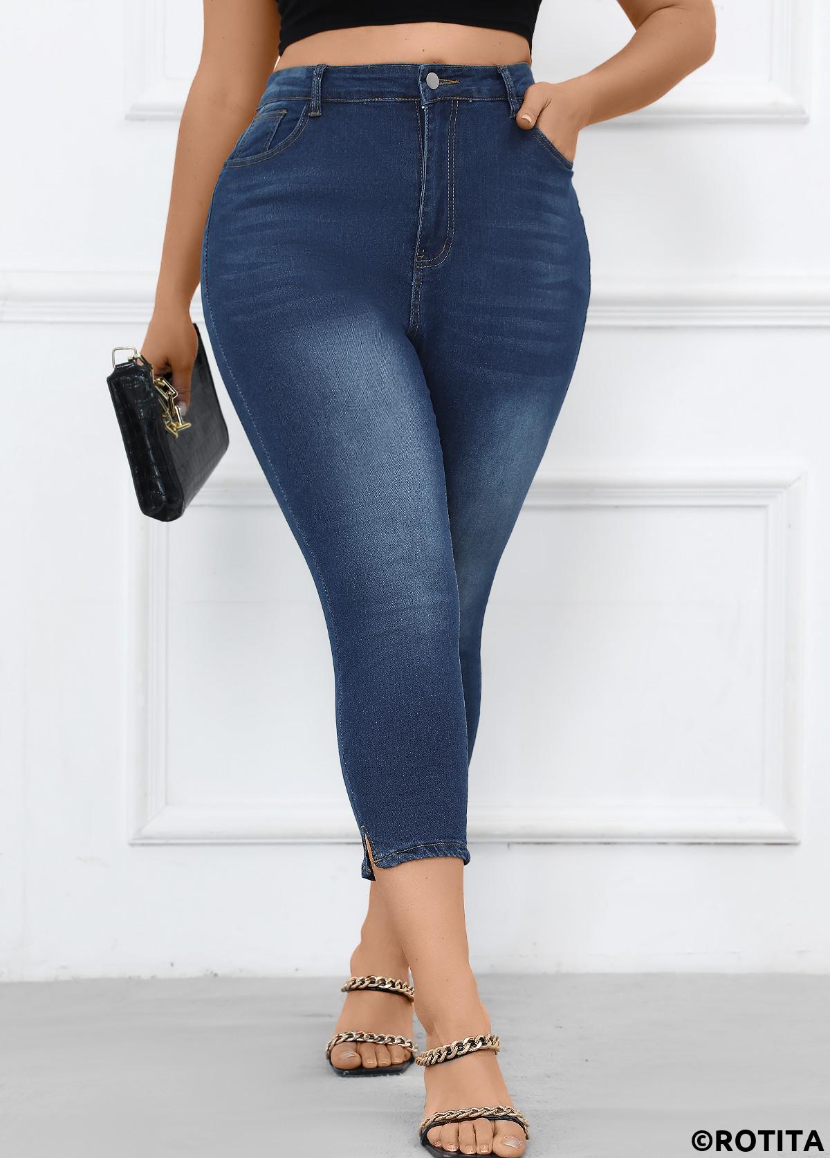 Denim Blue plus size,Plain Color plus size,Plus Size Button Denim Blue Skinny High Waisted Pants