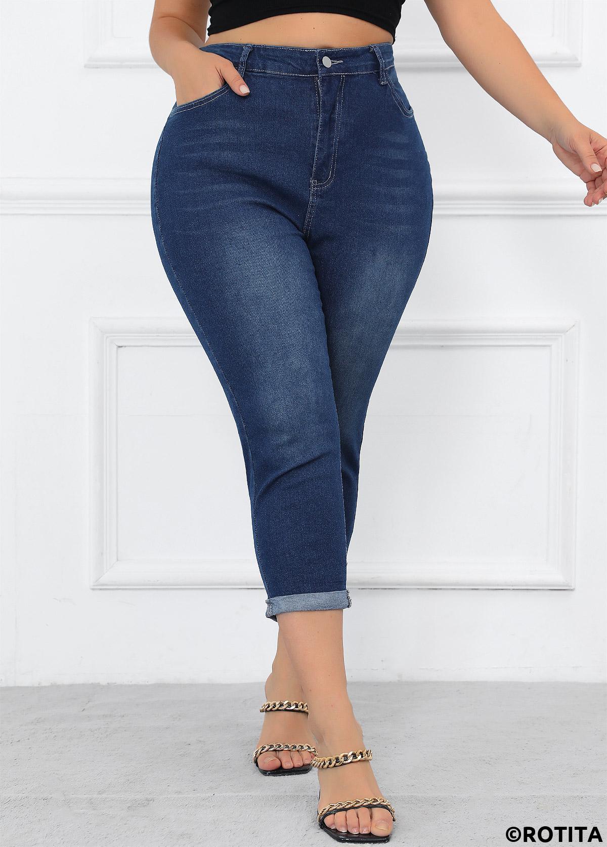 Denim Blue plus size,Plain Color plus size,Plus Size Button Denim Blue Skinny High Waisted Pants