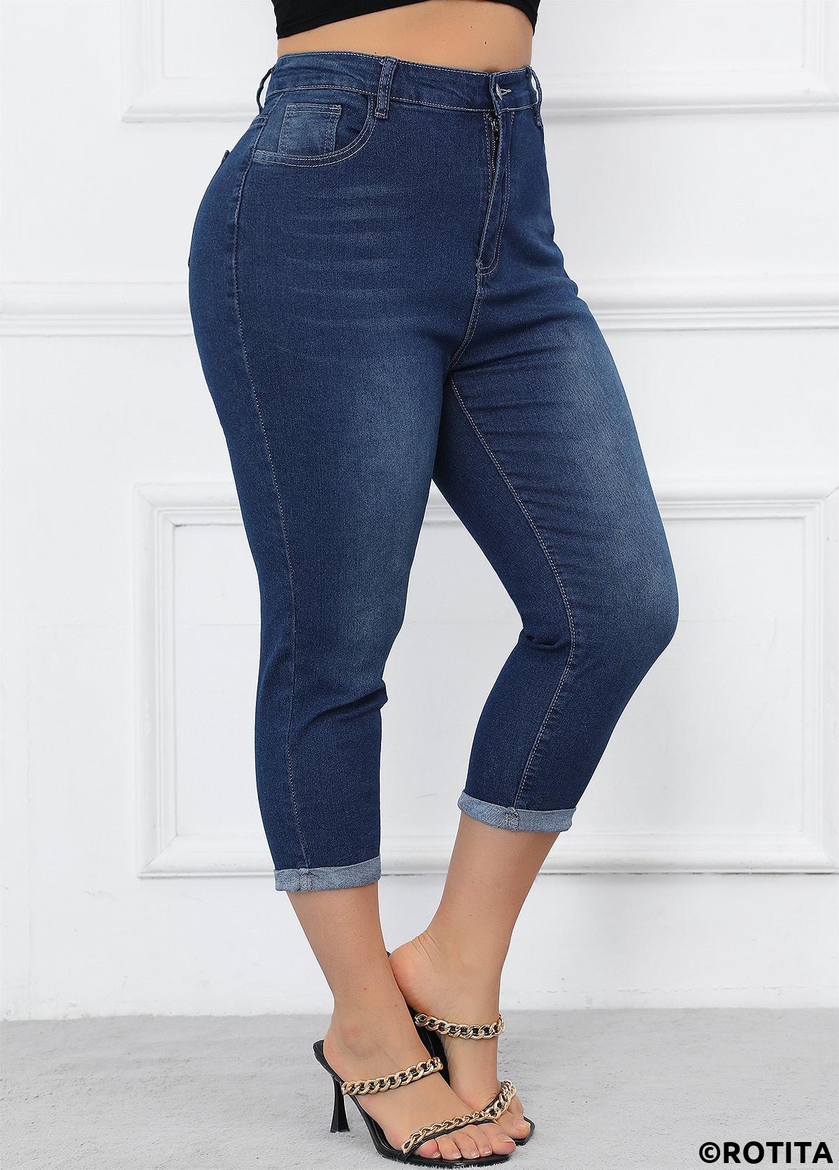 Denim Blue plus size,Plain Color plus size,Plus Size Button Denim Blue Skinny High Waisted Pants