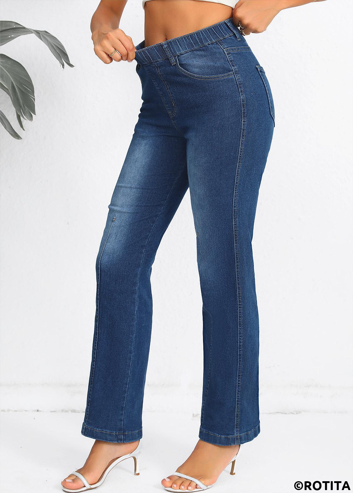 Denim Blue bottoms,Plain Color bottoms,Denim Blue Elastic Waist High Waisted Jeans