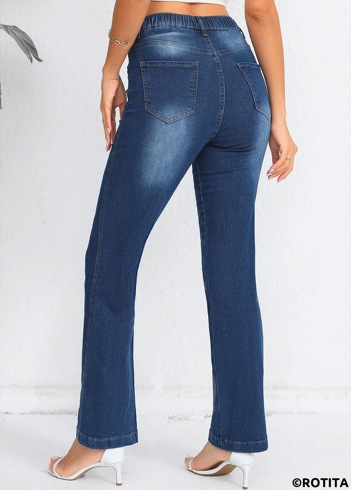 Denim Blue bottoms,Plain Color bottoms,Denim Blue Elastic Waist High Waisted Jeans