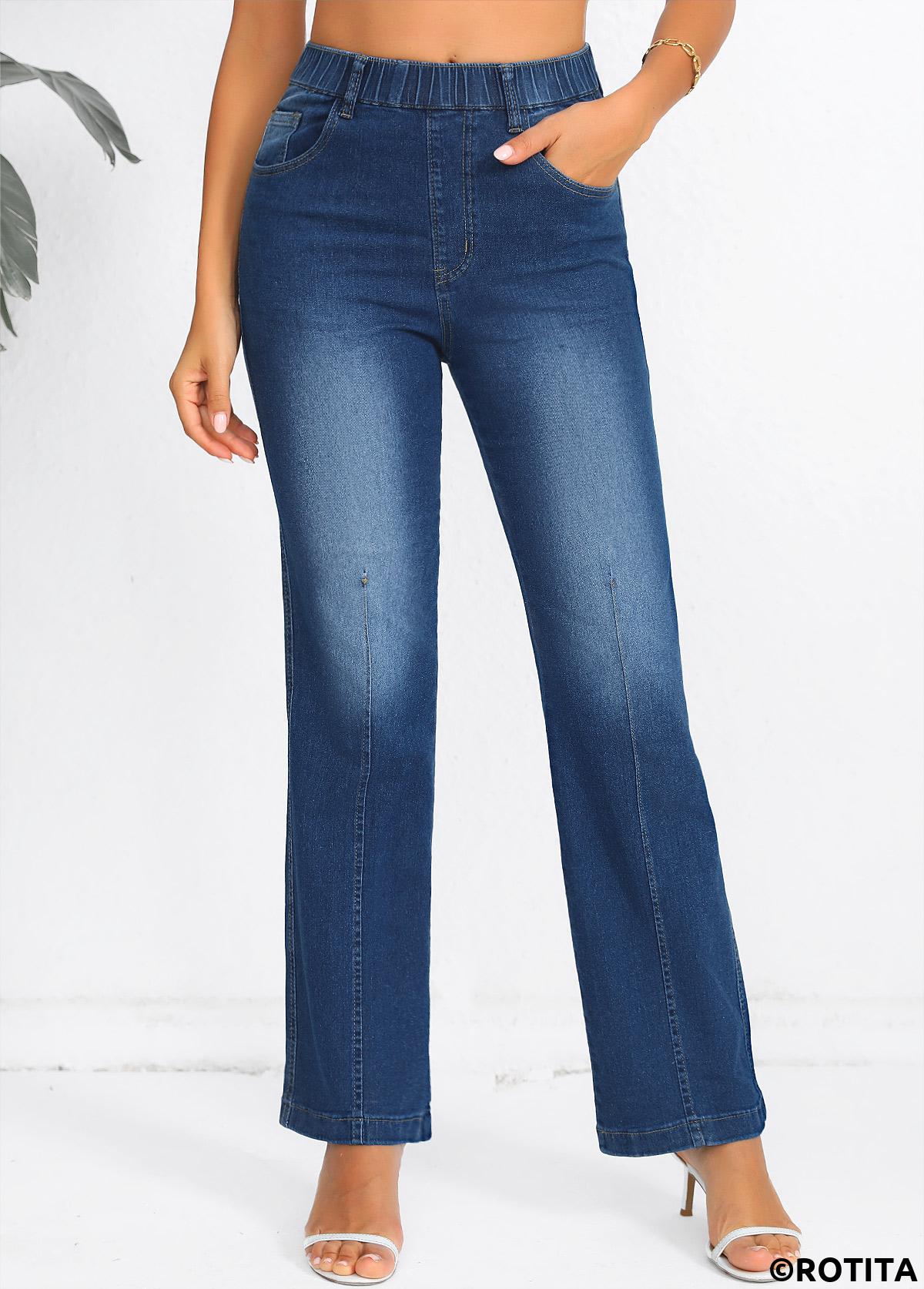 Denim Blue bottoms,Plain Color bottoms,Denim Blue Elastic Waist High Waisted Jeans